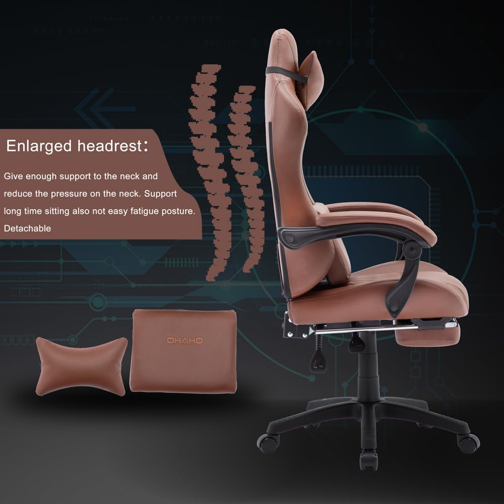 OHAHO Ergonomic Gaming Chair with Adjustable Footrest & Lumbar Support - 360° Swivel Height-Adjustable Office Chair with Headrest for PC Gaming & Home Office Work (Tan) - Perfect for Esports, Streaming & Long Work Sessions