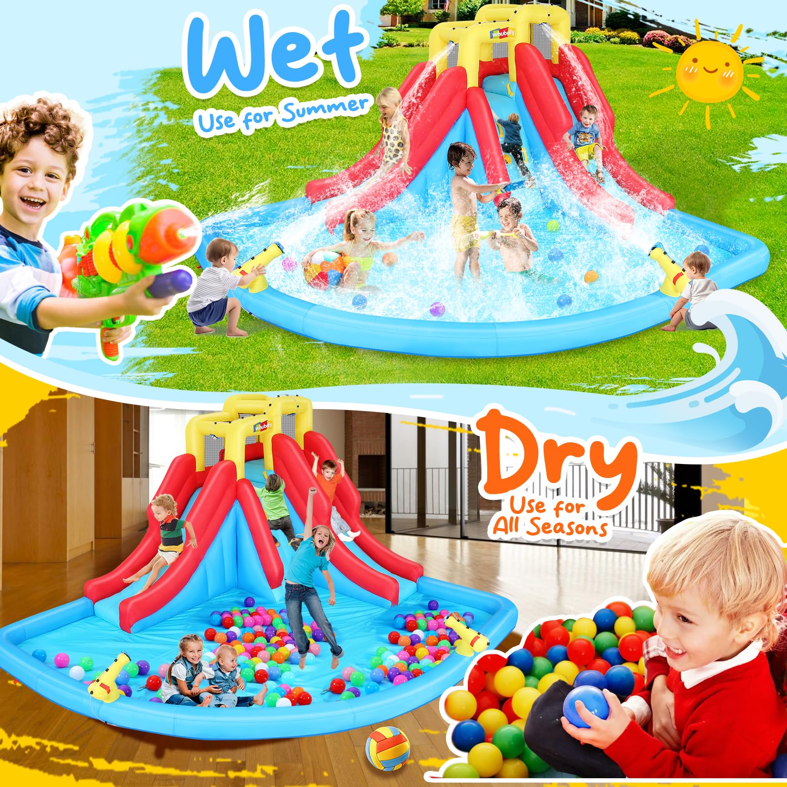Whubefy Double Drench Inflatable Water Slide 14.5 x 12.7 x 7.5 FT - Heavy-Duty Backyard Water Park with Blower, 2 Slides, Climbing Wall, Giant Splash Pool & 2 Water Cannons for Kids & Adults - Perfect for Summer Parties, Family Fun & Outdoor Water Activities