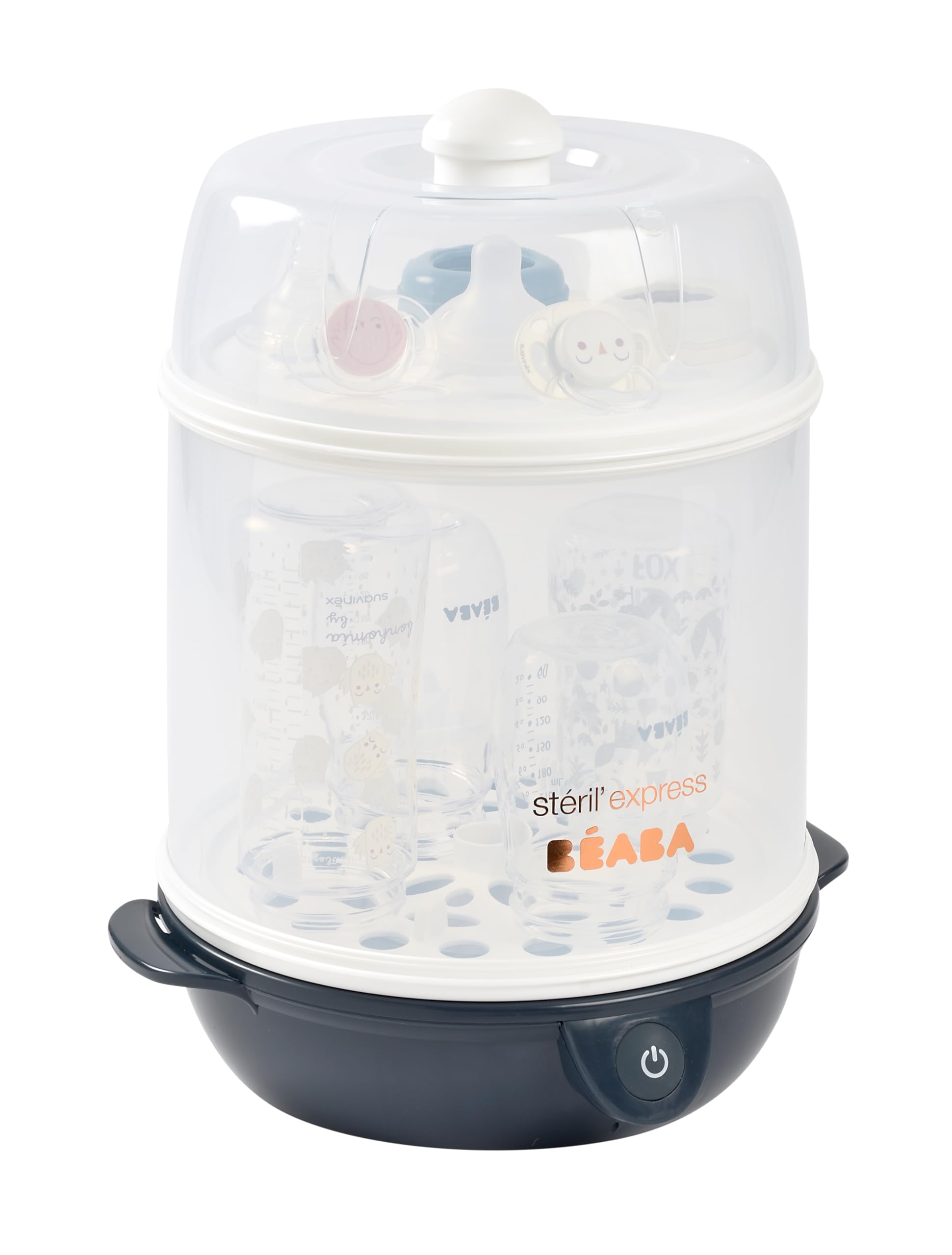 BEABA Steril' Express 2-in-1 Baby Bottle Sterilizer - Fast 6-Minute Steam Sterilization, Auto Shut Off, Safe for Bottles, Pacifiers & Breast Pump Parts - Perfect for Nursery, Travel & Midnight Feedings