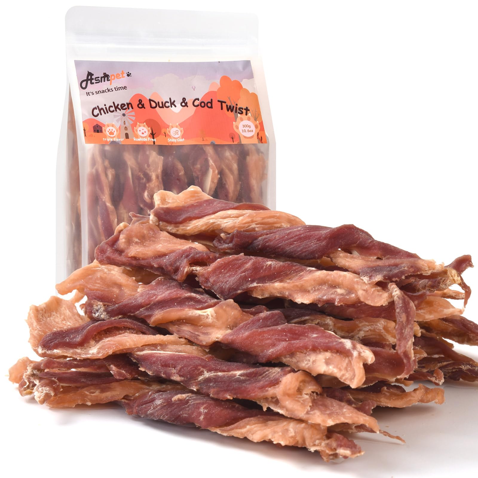 ASMPET Triple Flavor Dog Treats - Chicken, Duck & Cod Jerky Twist Sticks | Grain Free, Rawhide Free Training Snacks for Small, Medium & Large Dogs | 10.58oz | Perfect for Training, Rewards & Dental Health