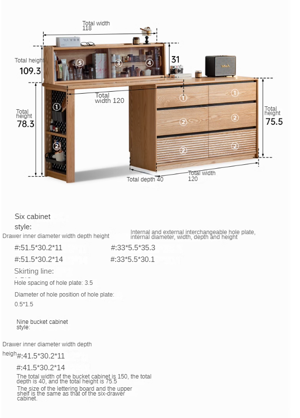 Solid Oak Wood Modern Extendable Dressing Table - Adjustable Vanity Desk for Makeup & Skincare - Perfect for Bedroom, Dorm, or Apartment