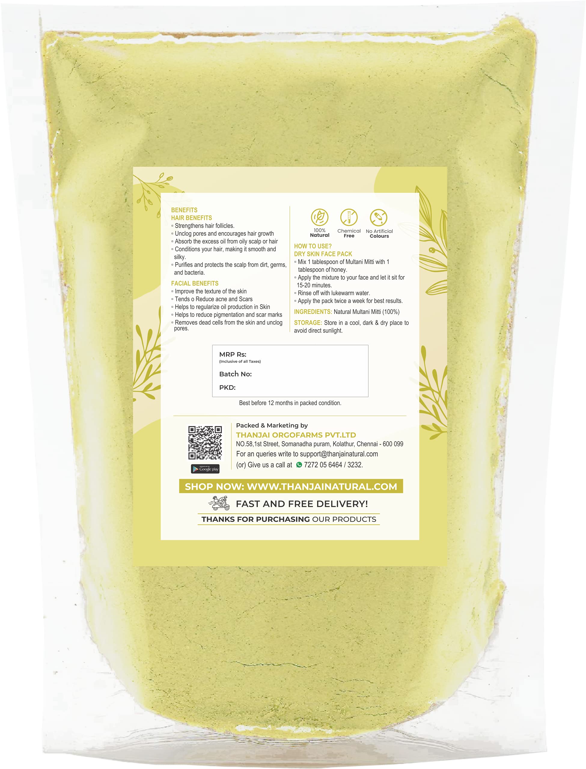 Thanjai Natural 100% Pure Multani Mitti Clay Powder for Face & Skin Care | Bentonite Clay Mask (500g) | Deep Cleansing, Acne Treatment & Glowing Skin