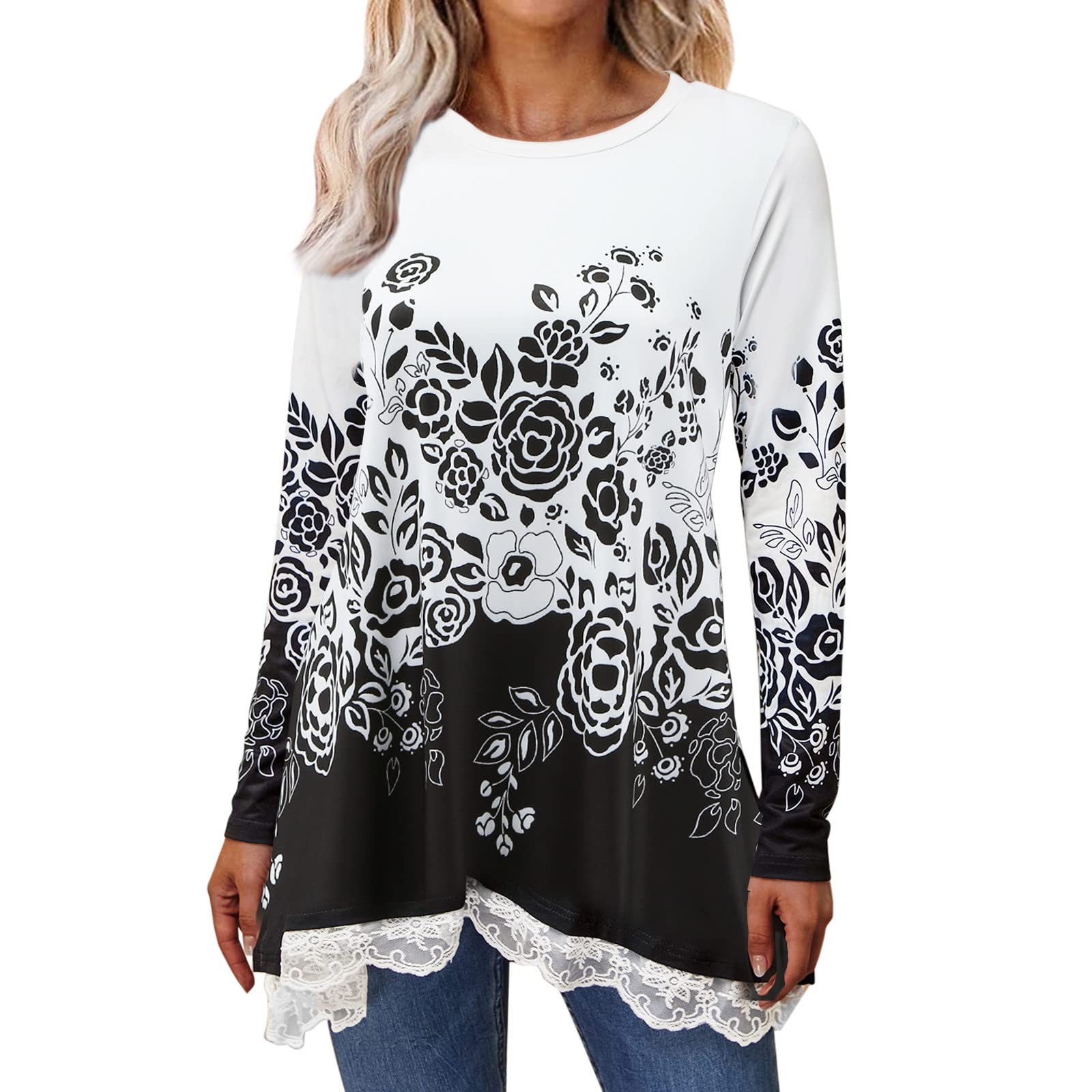 Women's Floral Print Long Sleeve Lace Trim Tunic Blouse - Scoop Neck Loose Fit A-Line Flowy Top (White, Medium) | Casual Wear, Office Outfits & Special Occasions