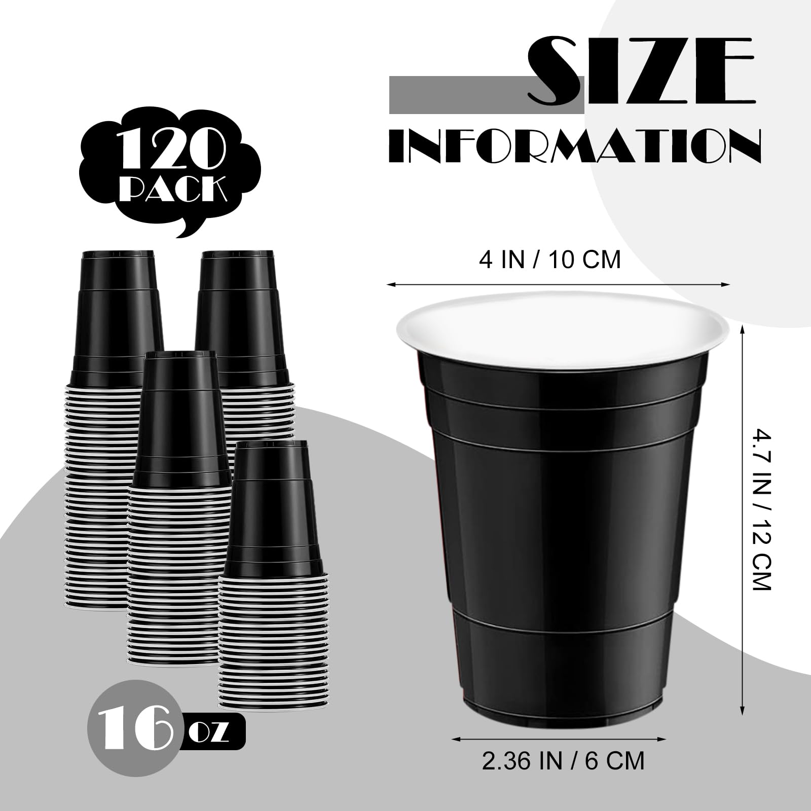 16oz Black Plastic Cups - 120 Pack for Parties, BBQs & Picnics