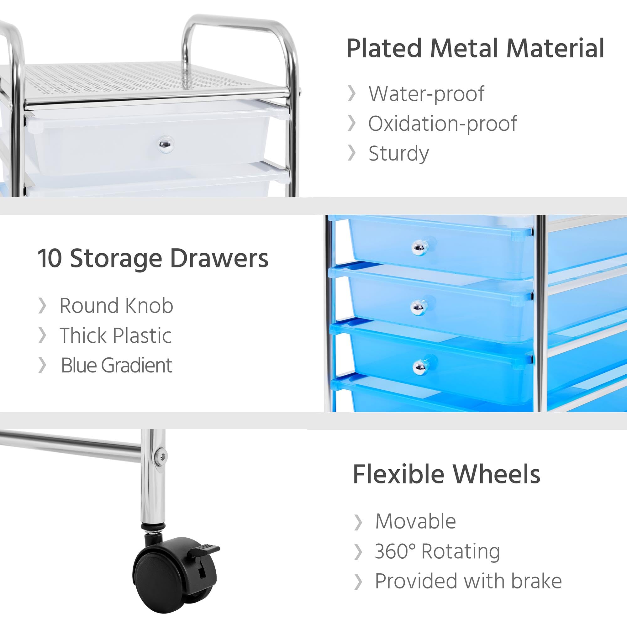 Topeakmart 10-Drawer Rolling Storage Cart - Plastic Utility Organizer with Wheels, Blue Gradient - Perfect for Home, Office, Garage & Craft Room Organization