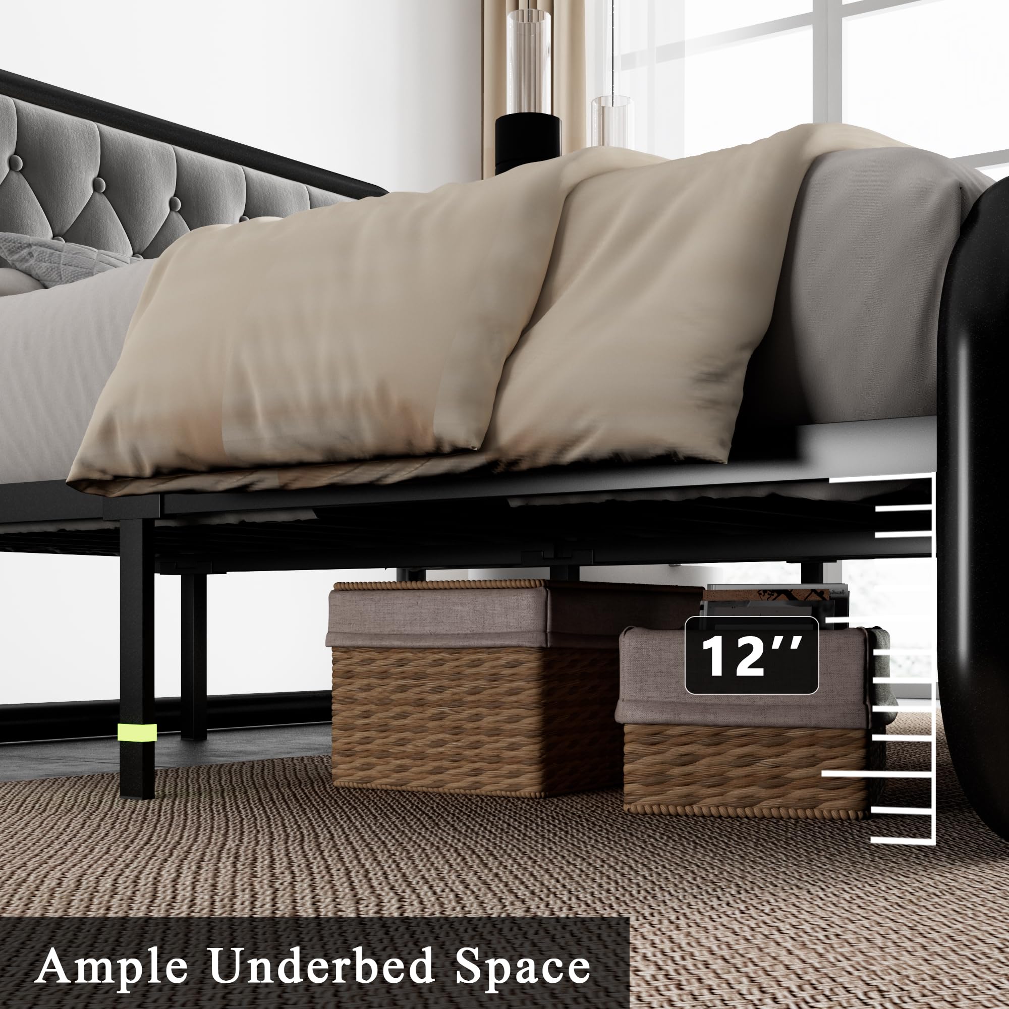 Feonase King Size Bed Frame with Upholstered Platform & Button Tufted Headboard - Modern Sturdy Metal Slat Support, 12