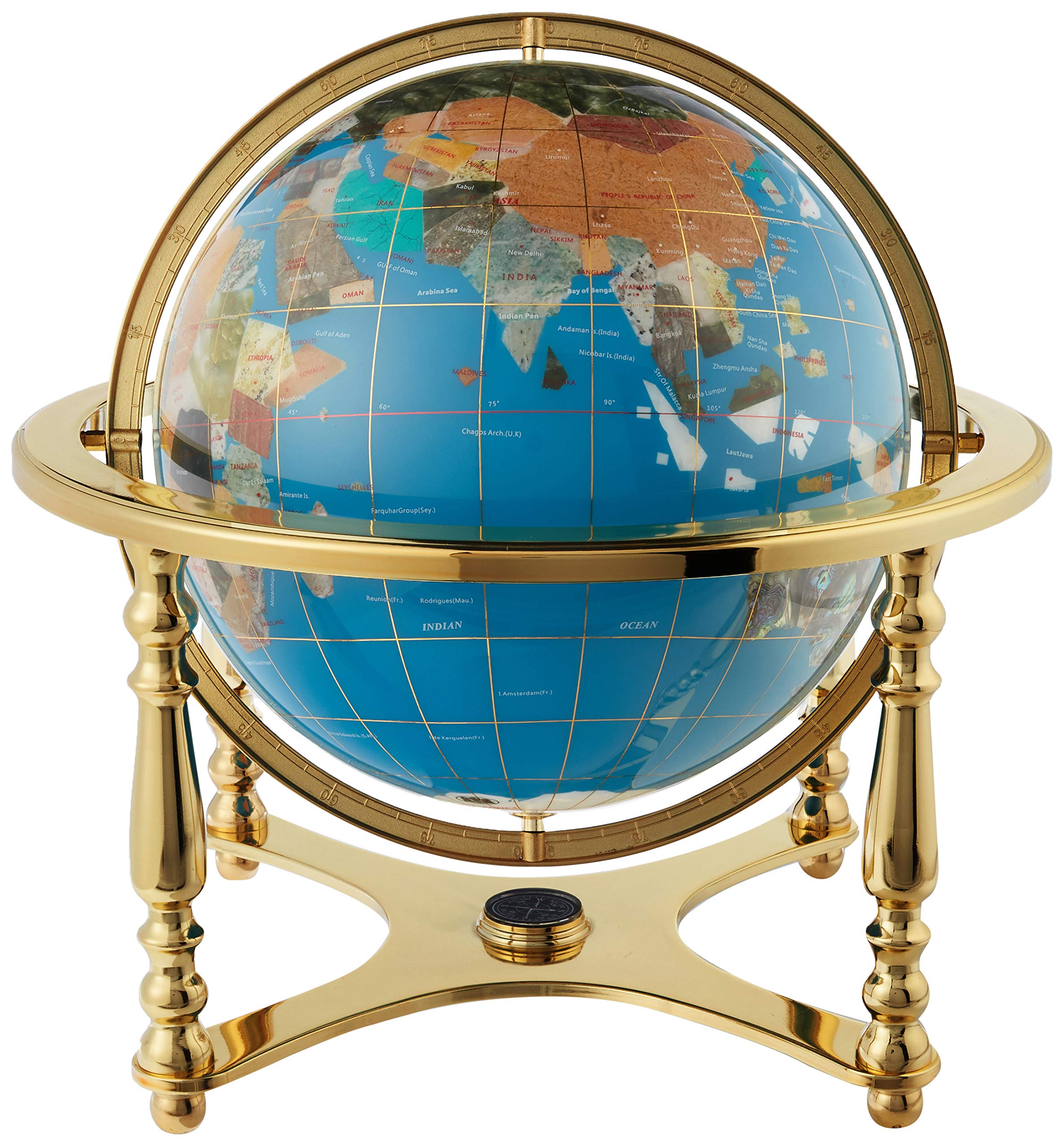 21-Inch Tall Turquoise Ocean Gemstone World Globe with Gold Stand - Unique Art Tabletop Decor for Home, Office & Gifts