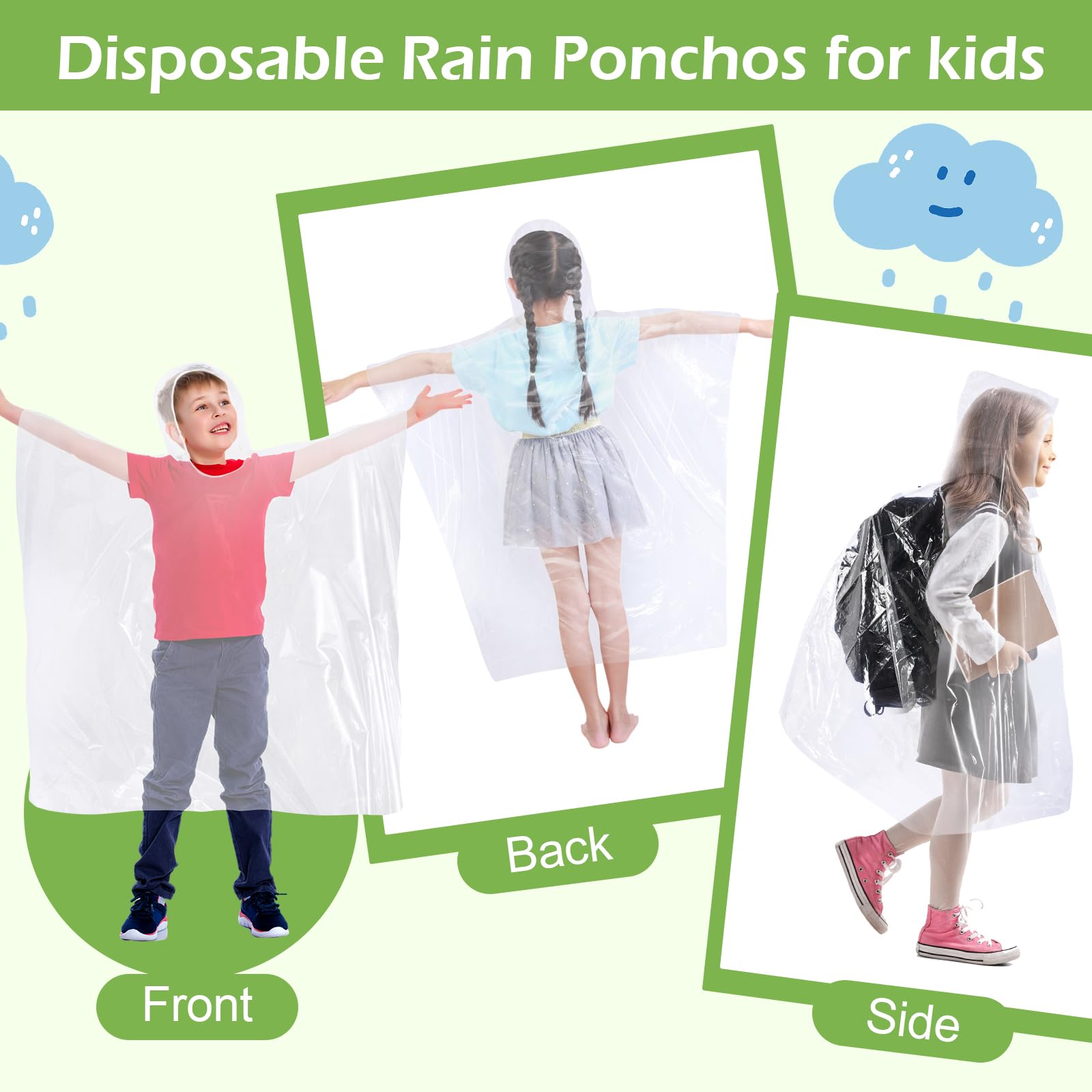 Hercicy 30 Pack Kids Disposable Rain Ponchos - Clear Bulk Emergency Raincoats for Boys & Girls - Perfect for Outdoor Events, Camping, Hiking & Theme Parks