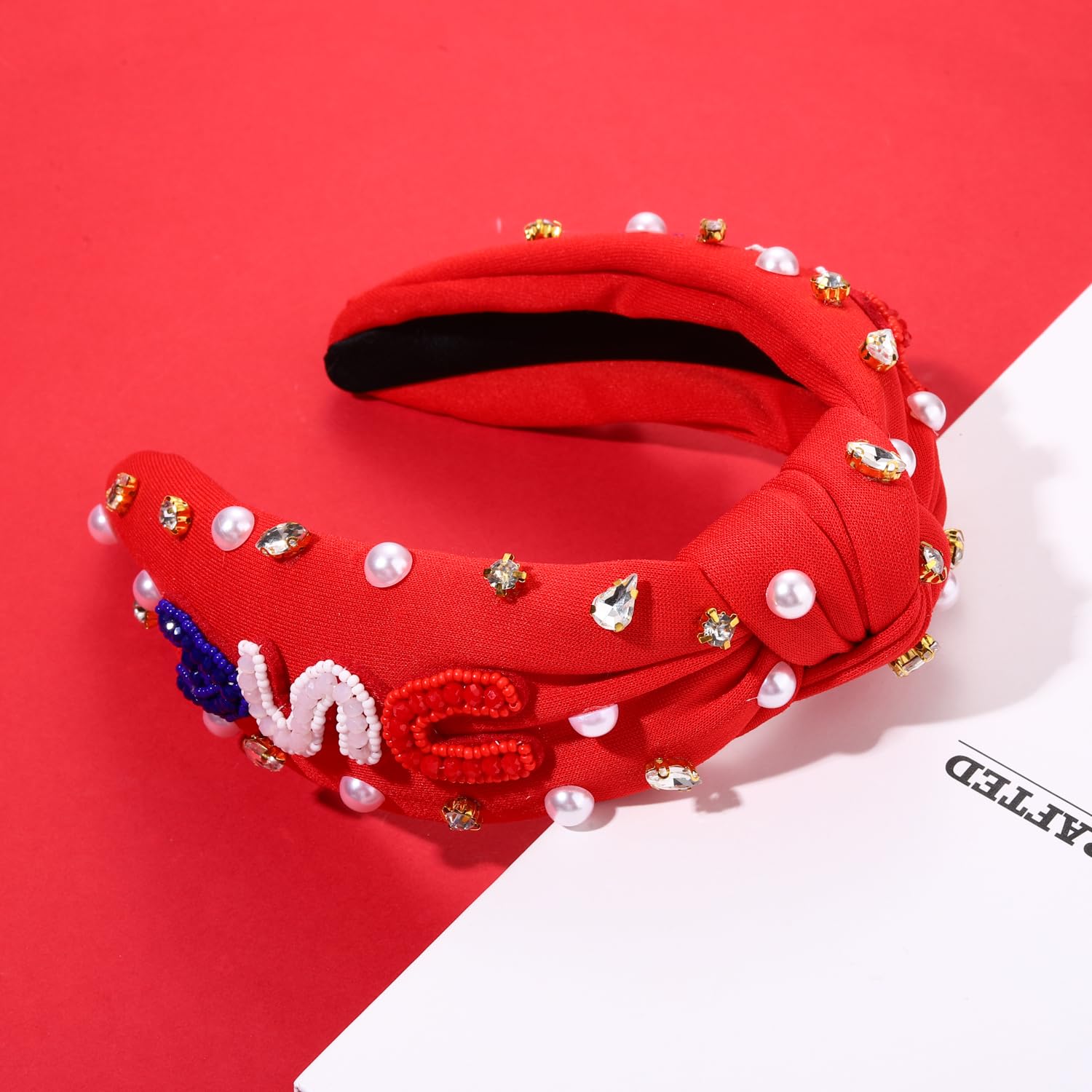 Elegant Crystal Pearl Knotted Headbands - Patriotic Hair Accessories for Women | American Flag Themed Outfits for Independence Day & Memorial Day | Perfect for 4th of July Celebrations, Summer Parties & Patriotic Events (USA-Red)
