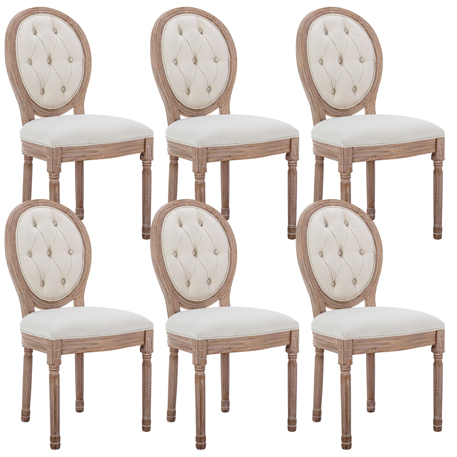 Vintage French Country Dining Chairs Set of 6 - Solid Wood Louis XVI Style Farmhouse Chairs with Curved Backrest & Hand-Carved Details | Perfect for Kitchen, Dining Room, Restaurant & Farmhouse Decor