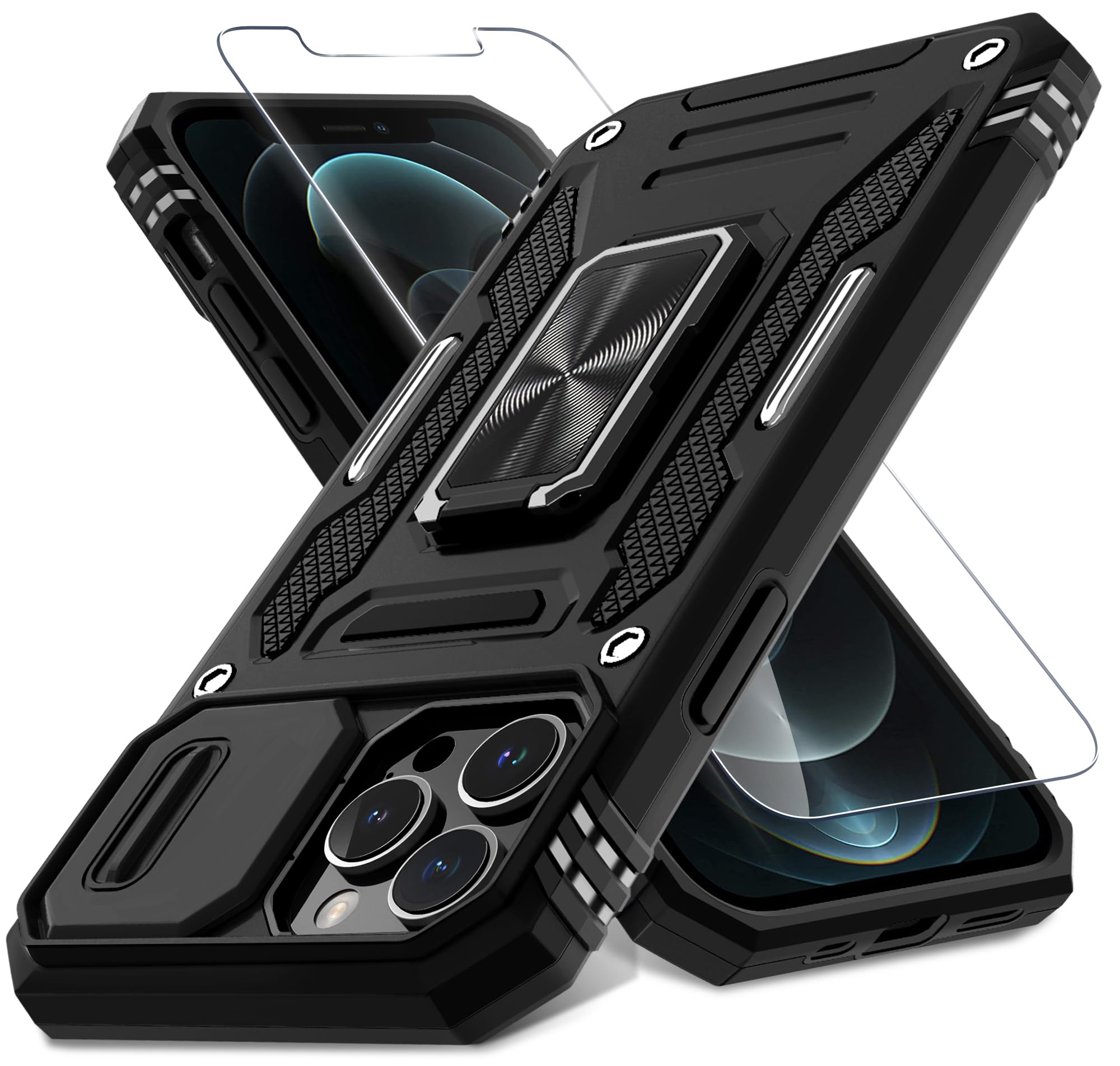 DEERLAMN iPhone 12 Pro Max Case with Slide Camera Cover & Screen Protector (6.7 Inch) - Military Grade Shockproof Protective Cover with Rotating Ring Kickstand - Black | Perfect for Outdoor Activities, Travel & Daily Protection