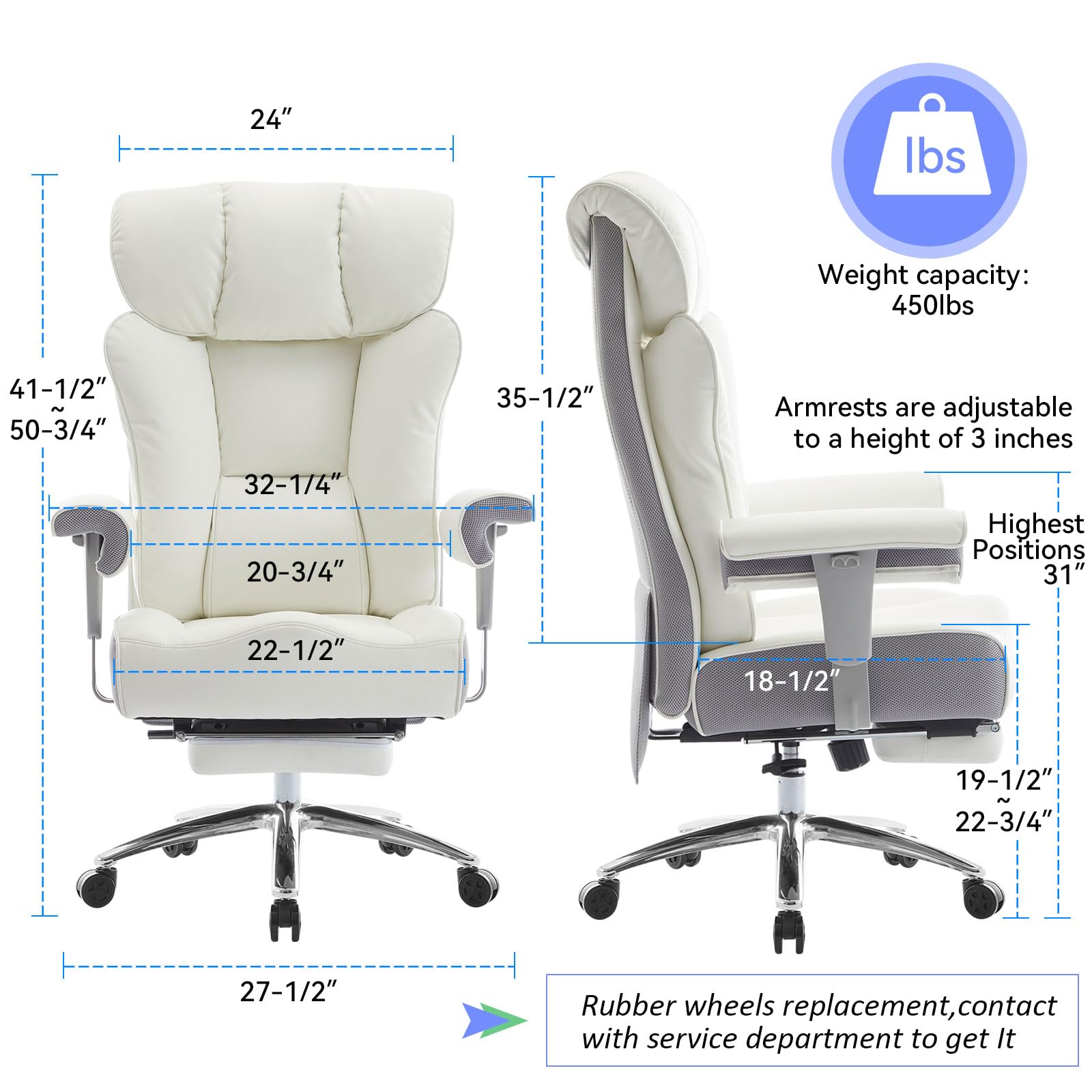 Efomao Big and Tall Office Chair 450lbs - Heavy Duty Ergonomic Executive Desk Chair with Adjustable Footrest & High Back Support - White PU Leather Computer Chair for Home Office, Gaming, and Workspaces