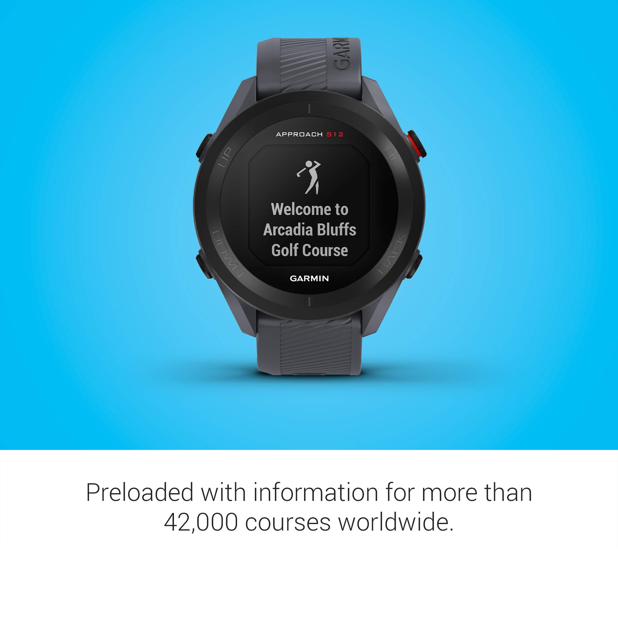 Garmin Approach S12 Golf GPS Watch with 42,000 Preloaded CourseView Maps, Scorekeeping & Sunlight Readable Display - Syncs with Garmin Golf App | Perfect for Tournaments & Practice Rounds | Signature Stand Power Bundle Included