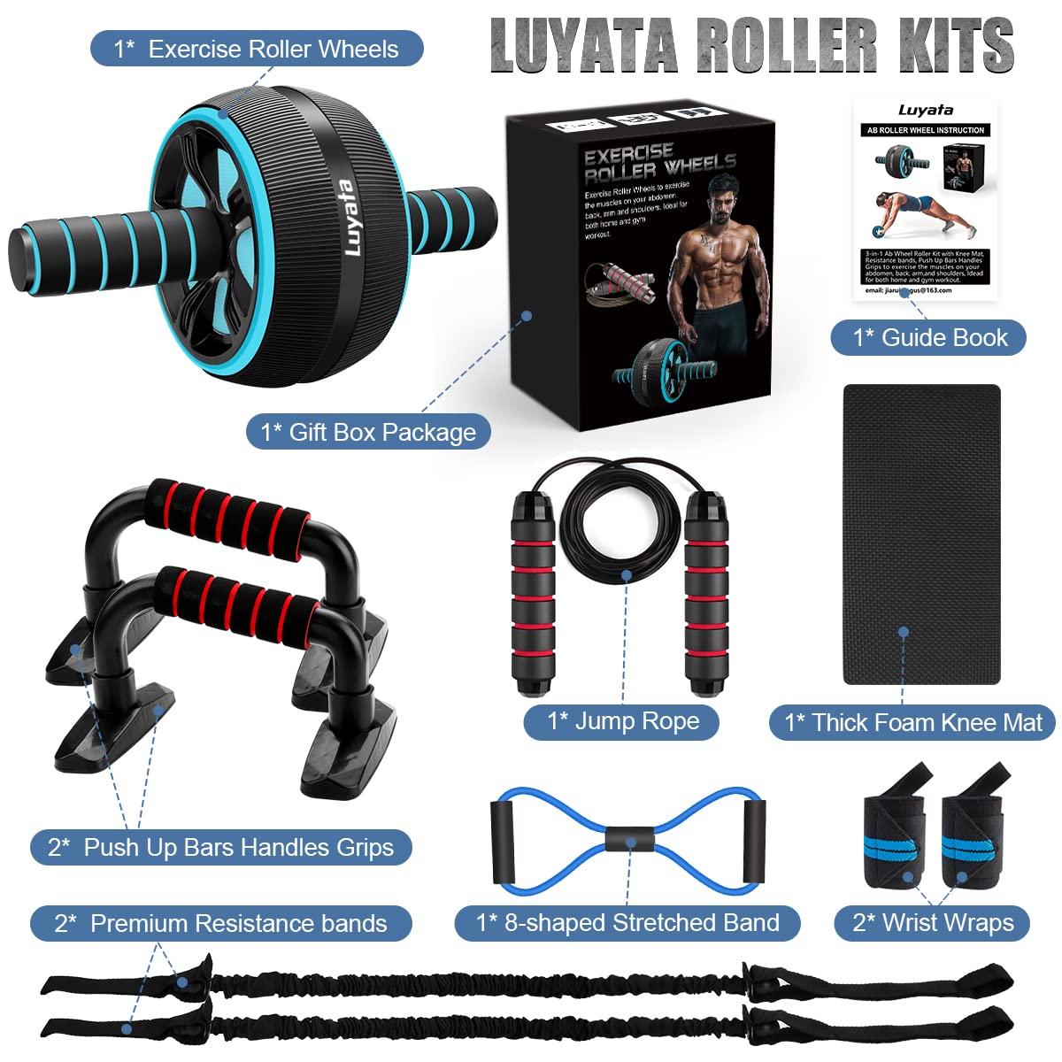 10-in-1 Ab Roller Wheel Kit with Resistance Bands, Knee Mat, Jump Rope & Push-Up Bar - Core Strength & Abdominal Workout Equipment for Home Gym - Perfect for Men & Women Training, Yoga, and Full-Body Fitness