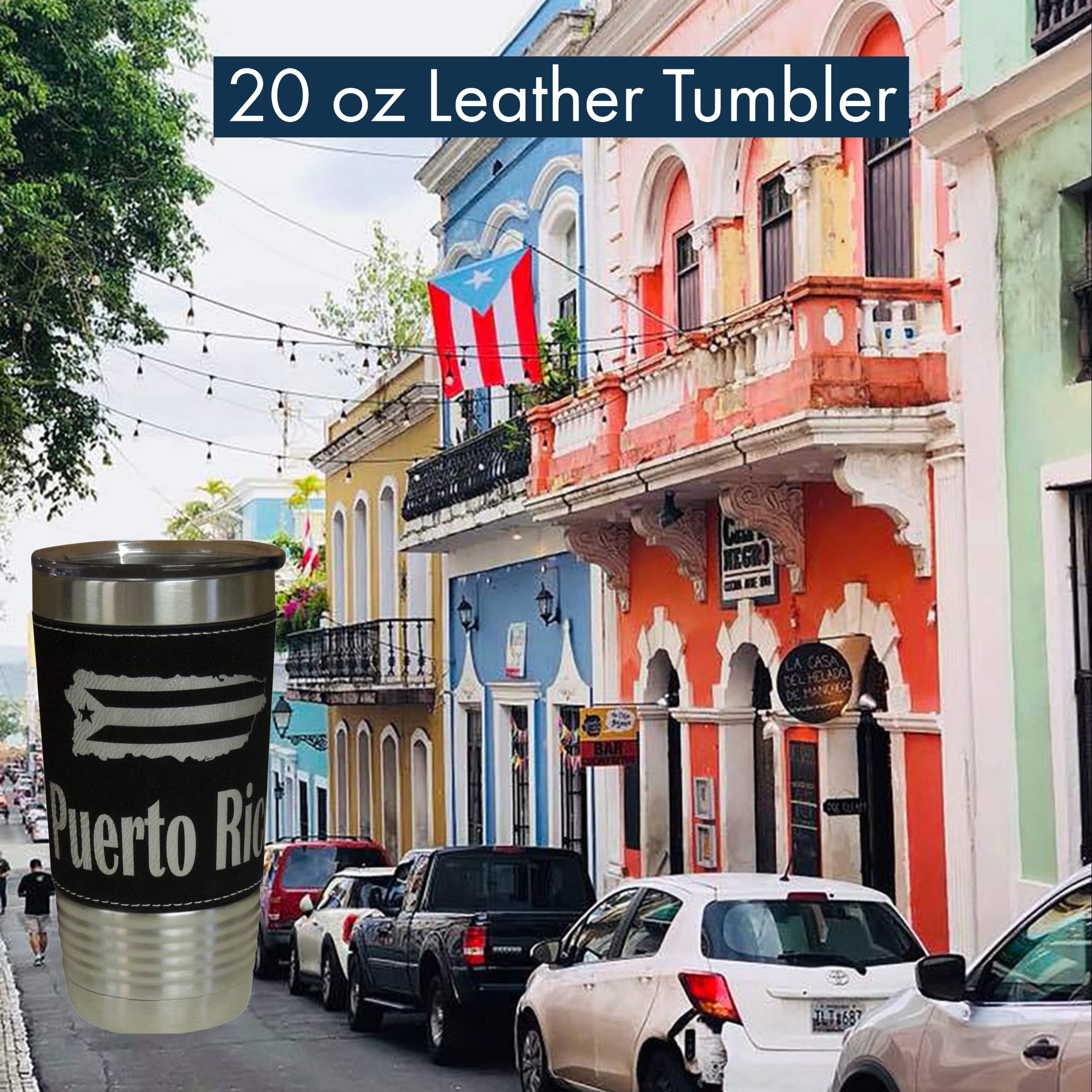 20oz Stainless Steel Vacuum Insulated Tumbler with Puerto Rico Leather Wrap - Leakproof Travel Mug for Coffee & Tea - Perfect for Gym, Hiking, Camping & Outdoor Activities (Black)