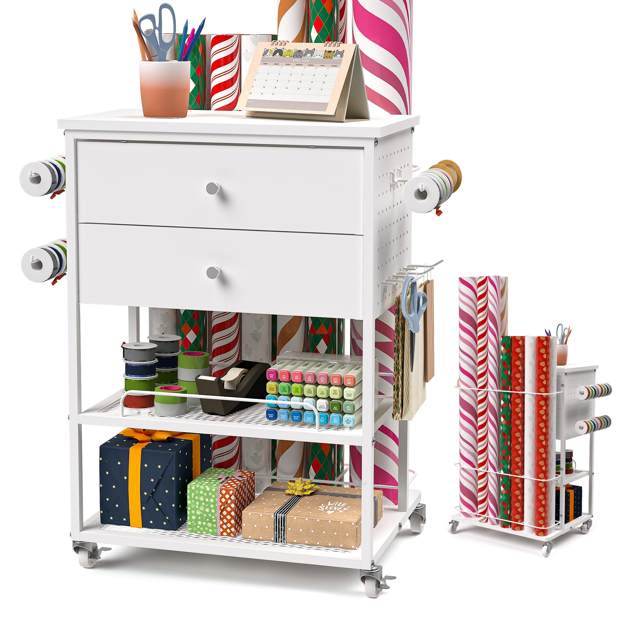 Rolling Gift Wrap Storage Cart - Organizer for Wrapping Paper, Ribbons & Gift Bags | Portable Craft Station for Christmas & Holiday Gift Wrapping | Perfect for Home, Office & Party Decorations