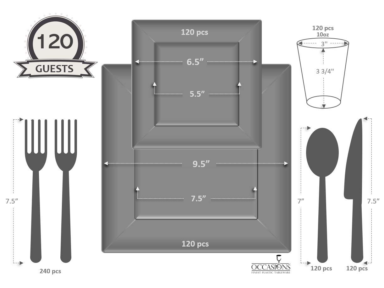 960-Piece Heavyweight Disposable Plastic Wedding Party Plate Set - 120 x 9.5'' Dinner Plates, 120 x 6.5'' Dessert Plates, Silver Silverware, Clear Cups & 3-Ply Napkins (Square White) - Perfect for Weddings, Bridal Showers, Banquets & Large Gatherings