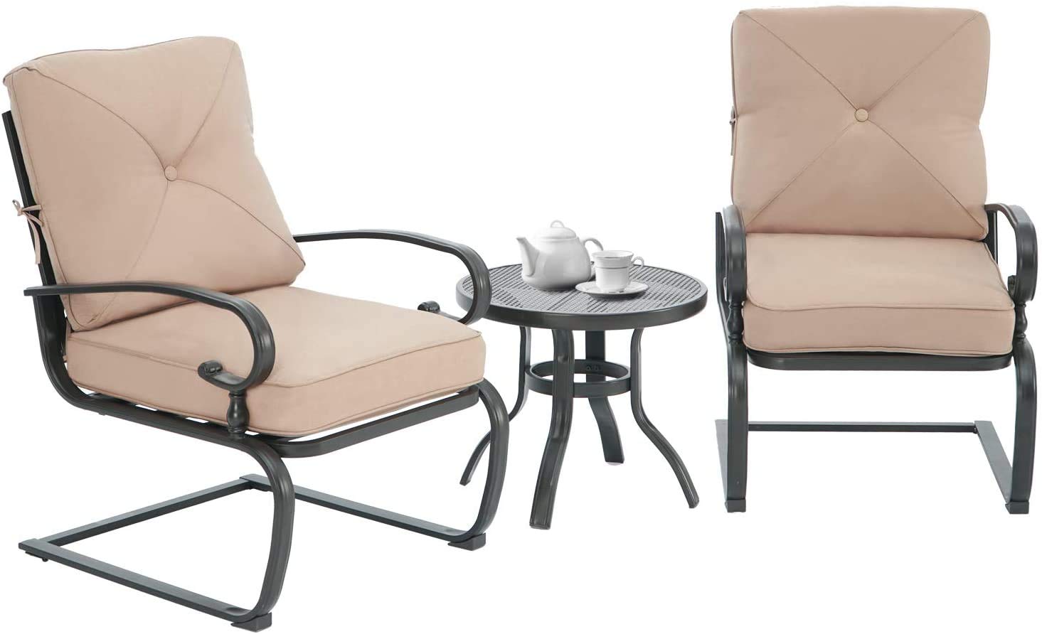 3-Piece Outdoor Patio Bistro Set with Spring Motion Metal Lounge Chairs & Round Table - Brown Washable Cushion Conversation Set for Garden, Poolside or Backyard Relaxation