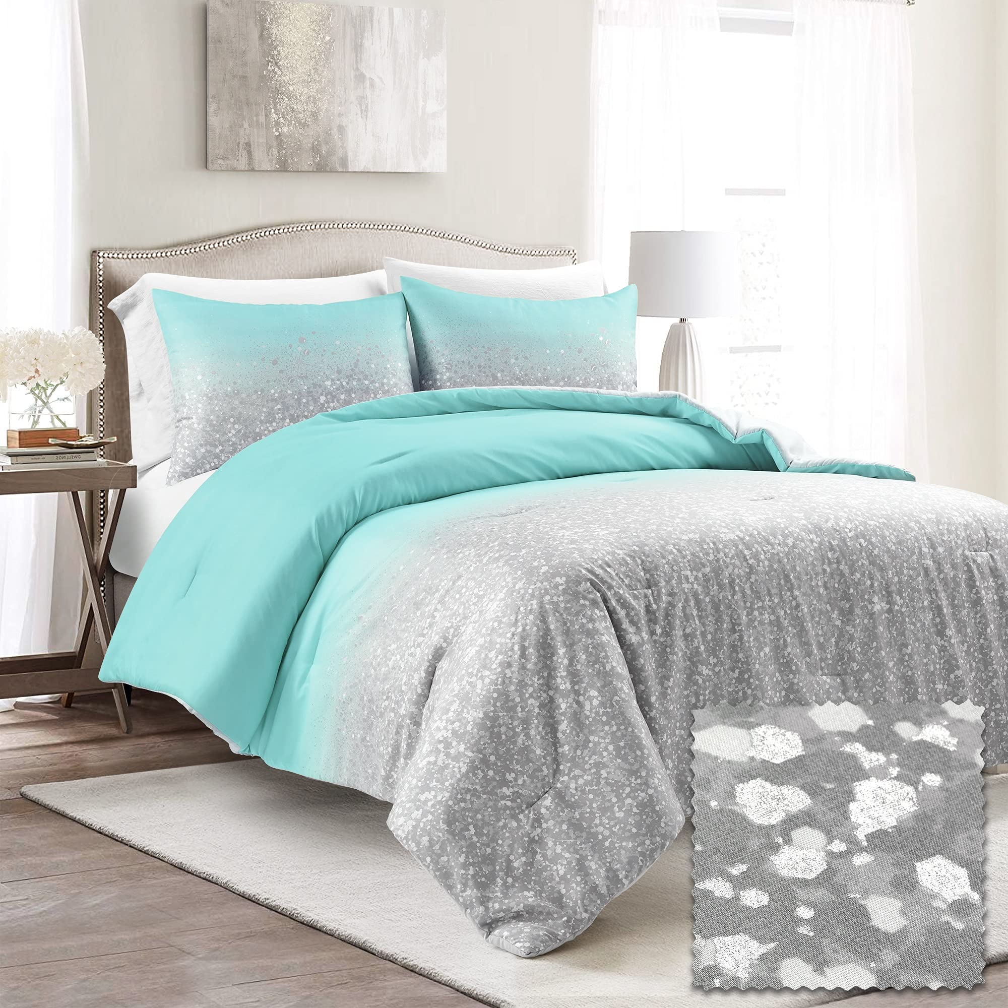 Lush Decor Glitter Ombre Comforter Set - Twin, Aqua Gray for Bedroom Decor