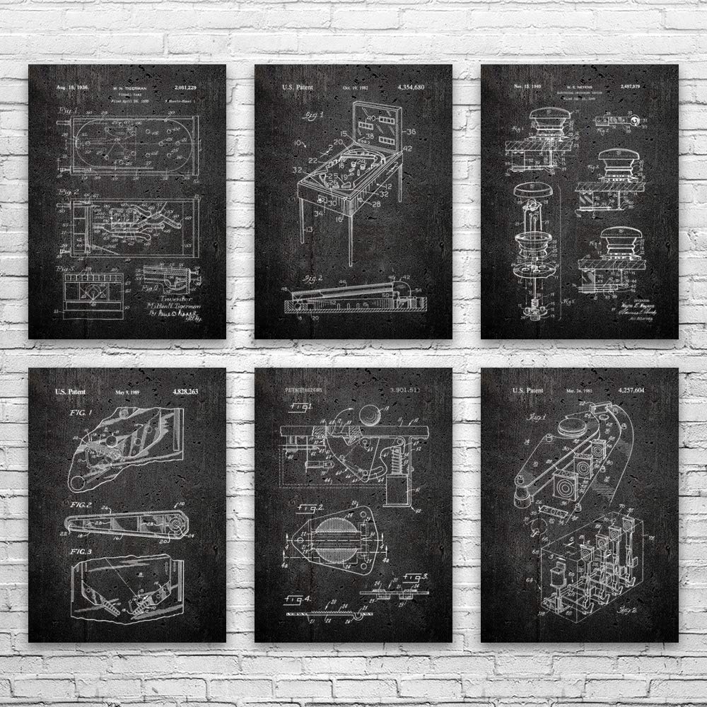 Vintage Pinball Machine Patent Posters Set of 6 - 16x20 Inch Blueprint Wall Art for Arcade Room Decor, Retro Gaming Gifts & Man Cave - Perfect for Gamers, Pinball Enthusiasts & Home Office Decor