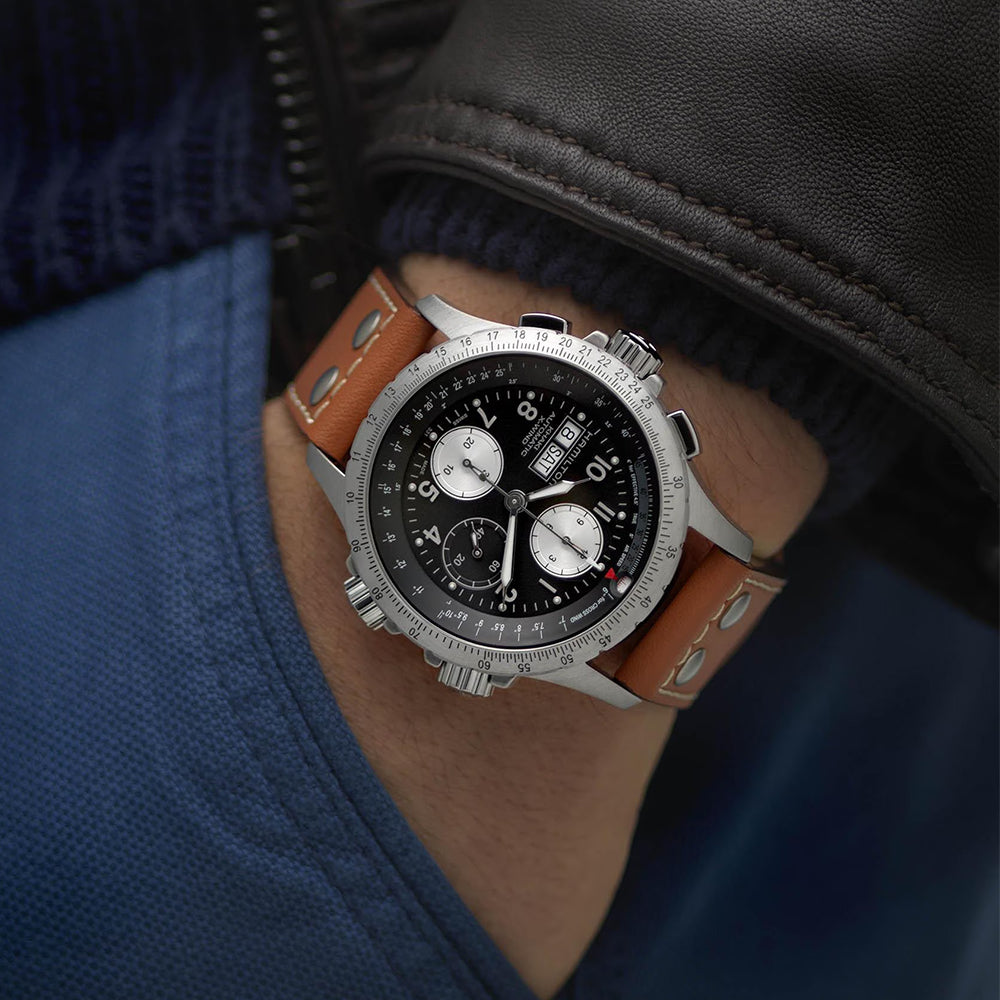 Khaki Aviation X Wind Automatic Chronograph Watch 44mm - Black Dial with Leather Strap for Men | Pilot & Casual Wear | Perfect for Aviation Enthusiasts & Everyday Use