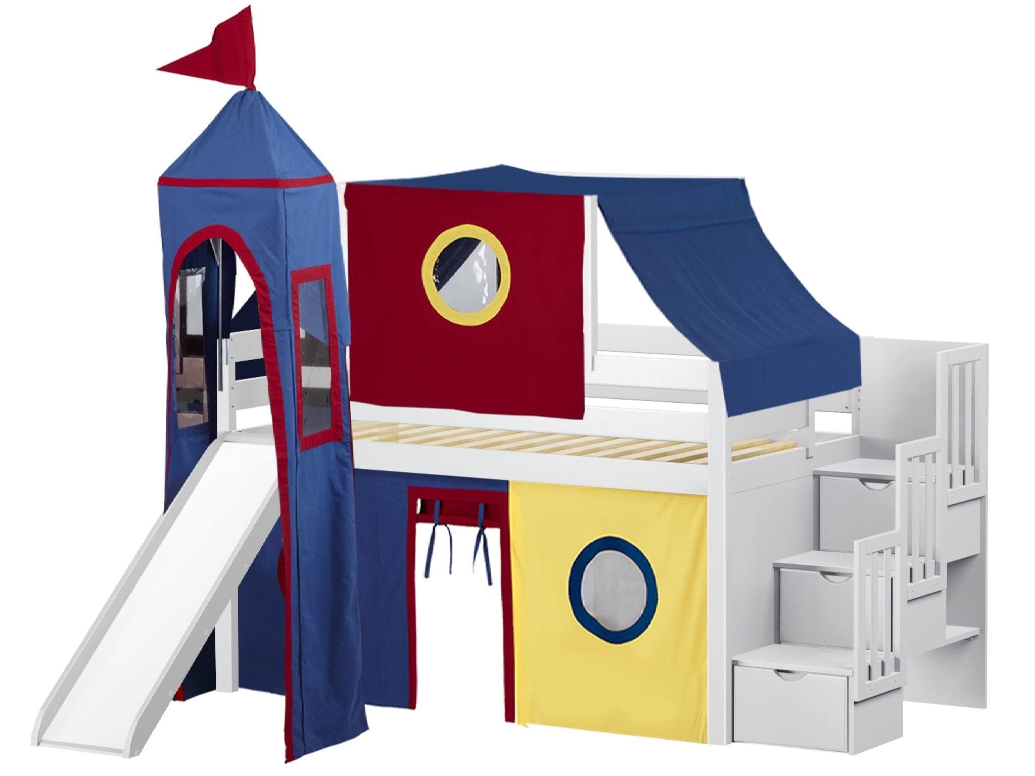 JACKPOT! White Twin Size Castle Low Loft Stairway Bed with Slide - Kids Playhouse Bed with Red & Blue Tent and Tower for Boys & Girls - Perfect for Bedroom, Playroom & Indoor Adventure
