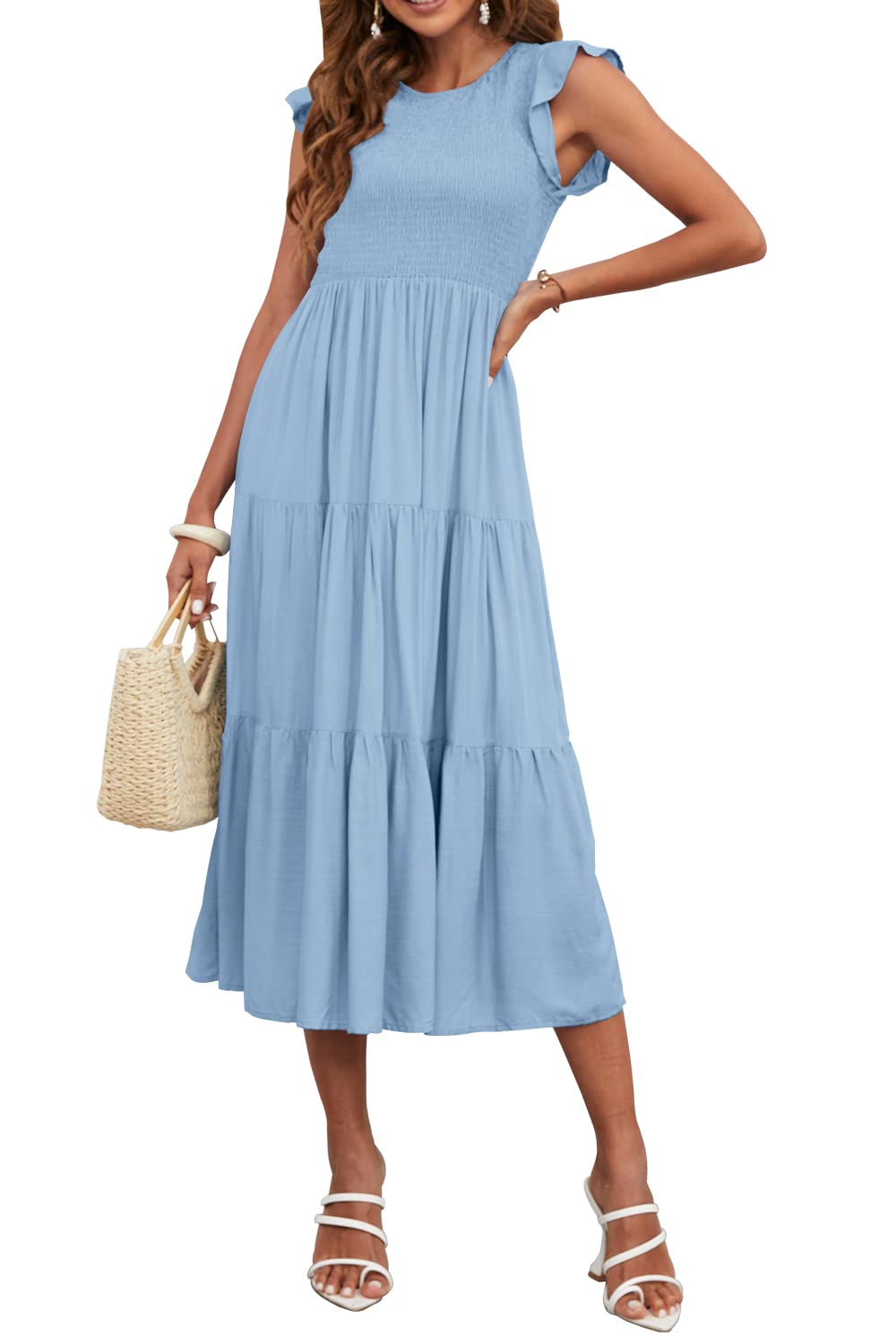 Kalssior Women's Summer Casual Midi Dress - Smocked Crewneck, Flutter Short Sleeve, Boho Tiered Maxi Dress for Beach, Vacation & Outdoor Parties | Flowy & Comfortable