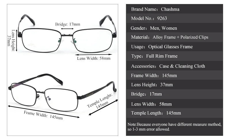 Stylish Men's Full Rim Square Alloy Eyeglasses with Clip-On Sunglasses - Model 9263 | Perfect for Outdoor Activities, Driving & Fashion Accessories