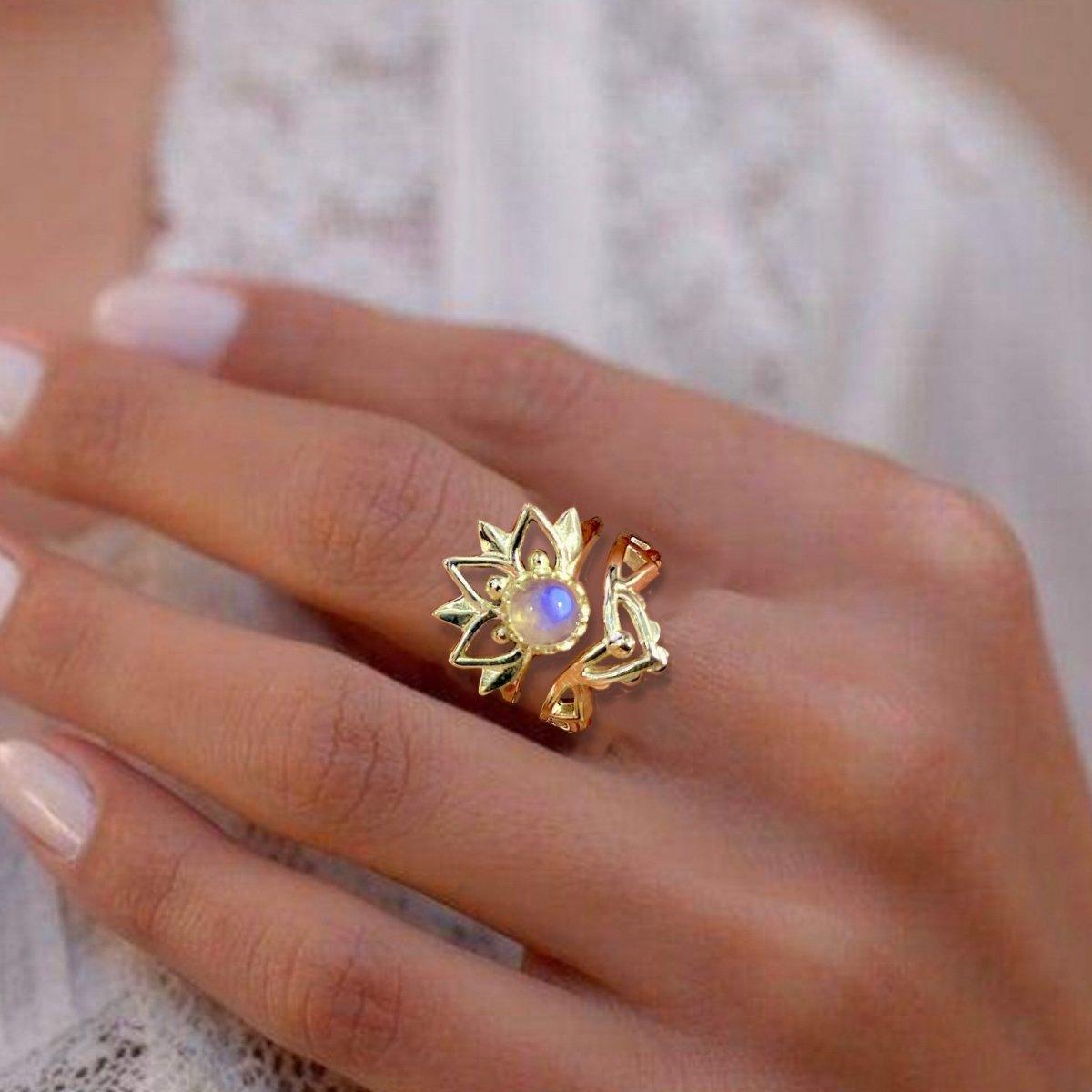 14K Gold Moonstone Ring Set - Boho Floral Stackable Rings for Women - Perfect for Weddings, Parties & Everyday Wear
