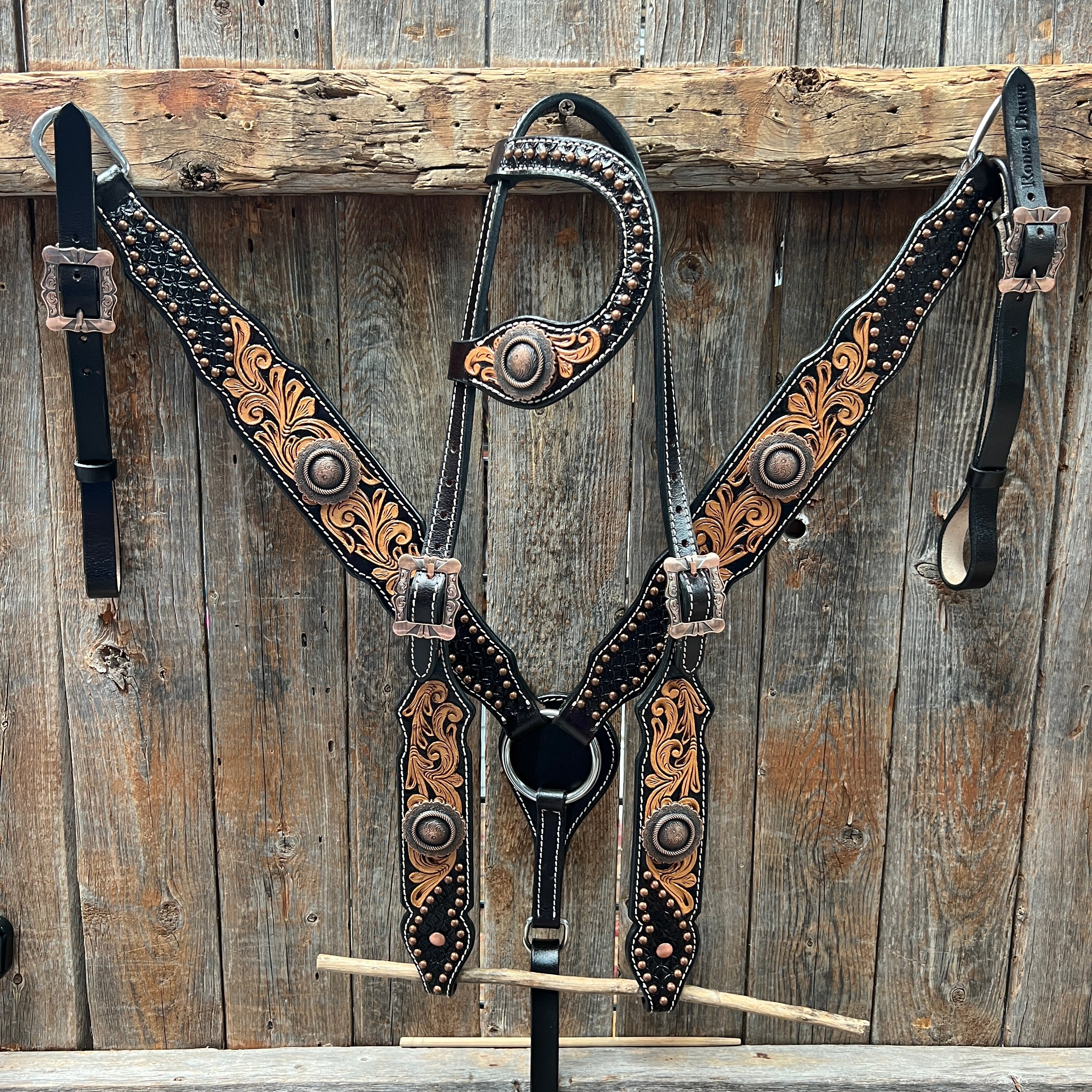 Elegant Copper Dot & Floral Horse Breastcollar and One Ear Tack Set OEBC637 - Perfect for Western Riding, Show Competitions & Equestrian Events