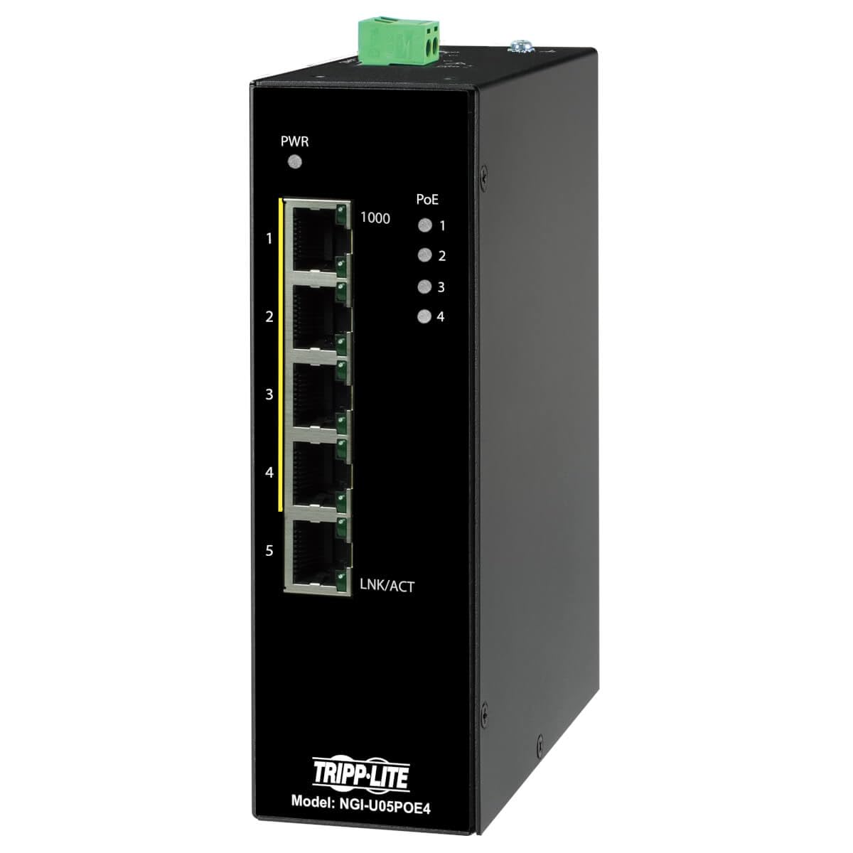 Tripp Lite Industrial 5 Port PoE+ Ethernet Network Switch | 10/100/1000 Mbps Gigabit | -14° to 140°F Wide Temperature Range | Unmanaged DIN Rail Mount | 30W per Port | TAA Compliant (NGI-U05POE4) | Ideal for Factory Automation, Security Cameras & Harsh Environments