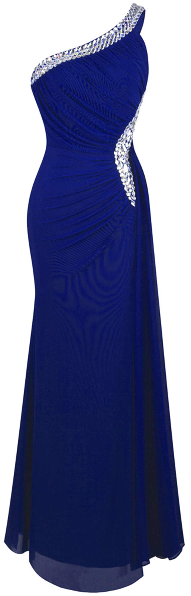 Angel-Fashions Women's One Shoulder Ruching Beaded Ribbon Soft Evening Gown - Elegant Prom Dress, Cocktail Party Gown & Formal Occasion Wear
