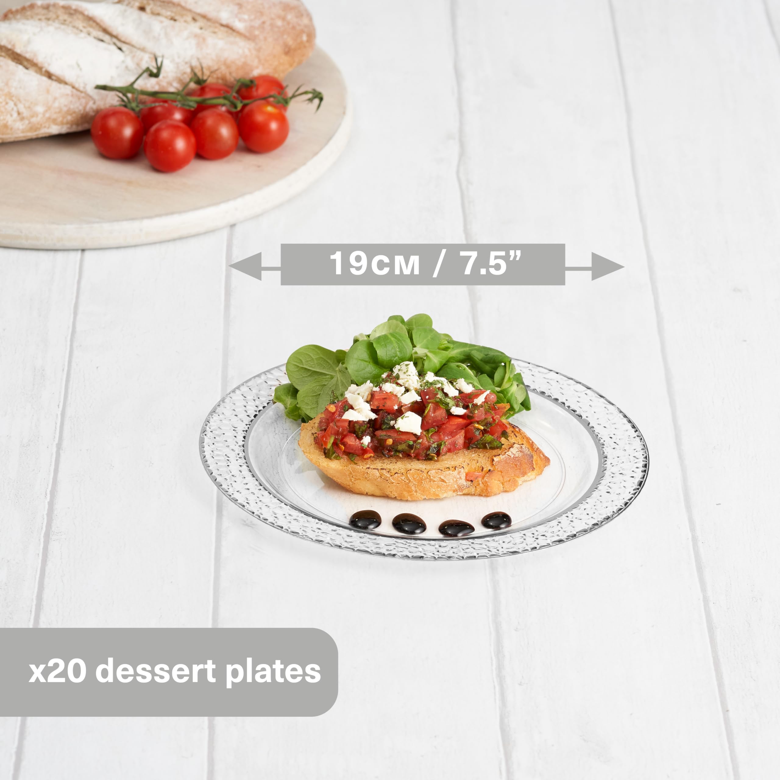 MATANA 20-Pack 7.5 Inch Clear Reusable Plastic Party Plates with Hammered Silver Rim - Heavy Duty Dinner Plates for Wedding, Bridal Shower, Birthday Party, Baby Shower & Special Events - Elegant Disposable Tableware for Indoor/Outdoor Celebrations
