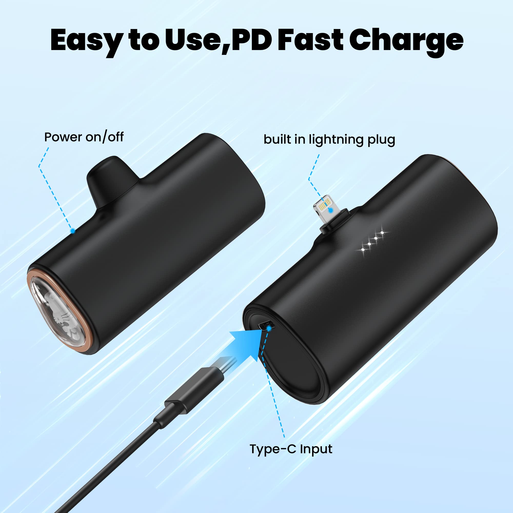 5000mAh Mini Portable Charger for iPhone - Built-in Lightning Plug, Fast Charging Power Bank for iPhone/iPad/AirPods - Perfect for Travel, Camping & Emergency Power Backup