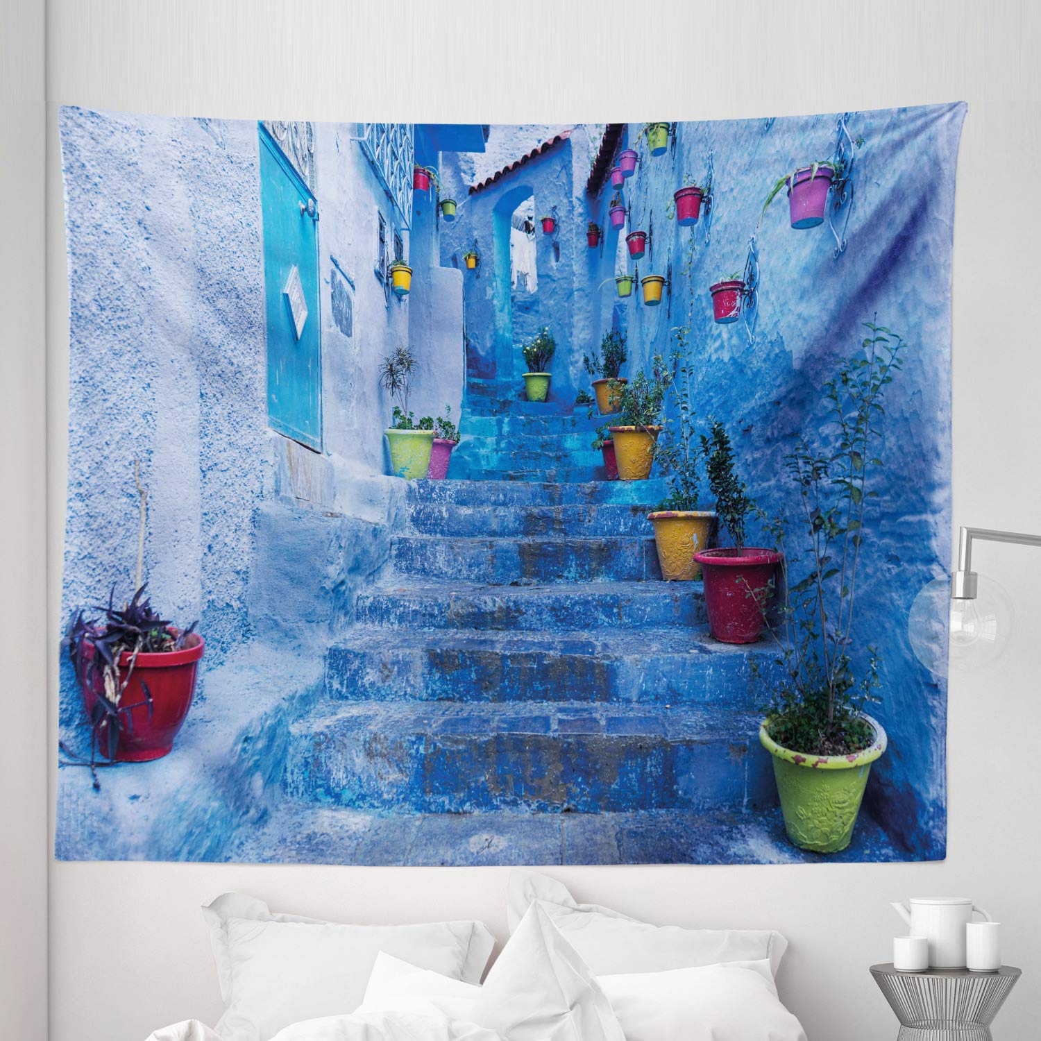 Ambesonne Blue King Size Tapestry - Moroccan Chefchaouen Travel Village Street Scene with Colorful Flower Pots, 104