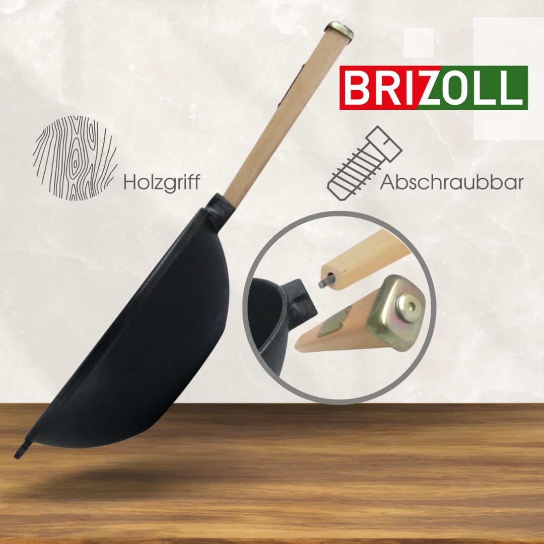 4BIG.fun 26cm Cast Iron Wok Pan with Wooden Handle - 2.8L Capacity - Outdoor & Camping Cooking - Perfect for Stir Fry, Sautéing, and Open Flame Cooking