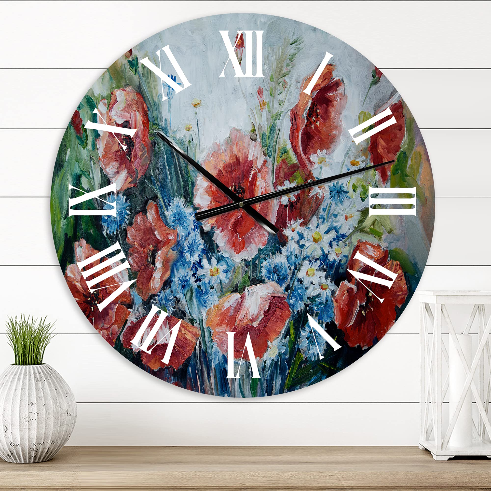 Vintage Floral Wall Clock - Retro Bouquet of Poppies Design, Large Decorative Clock for Living Room, Bedroom & Office | Silent Non-Ticking, Perfect Home Decor Gift