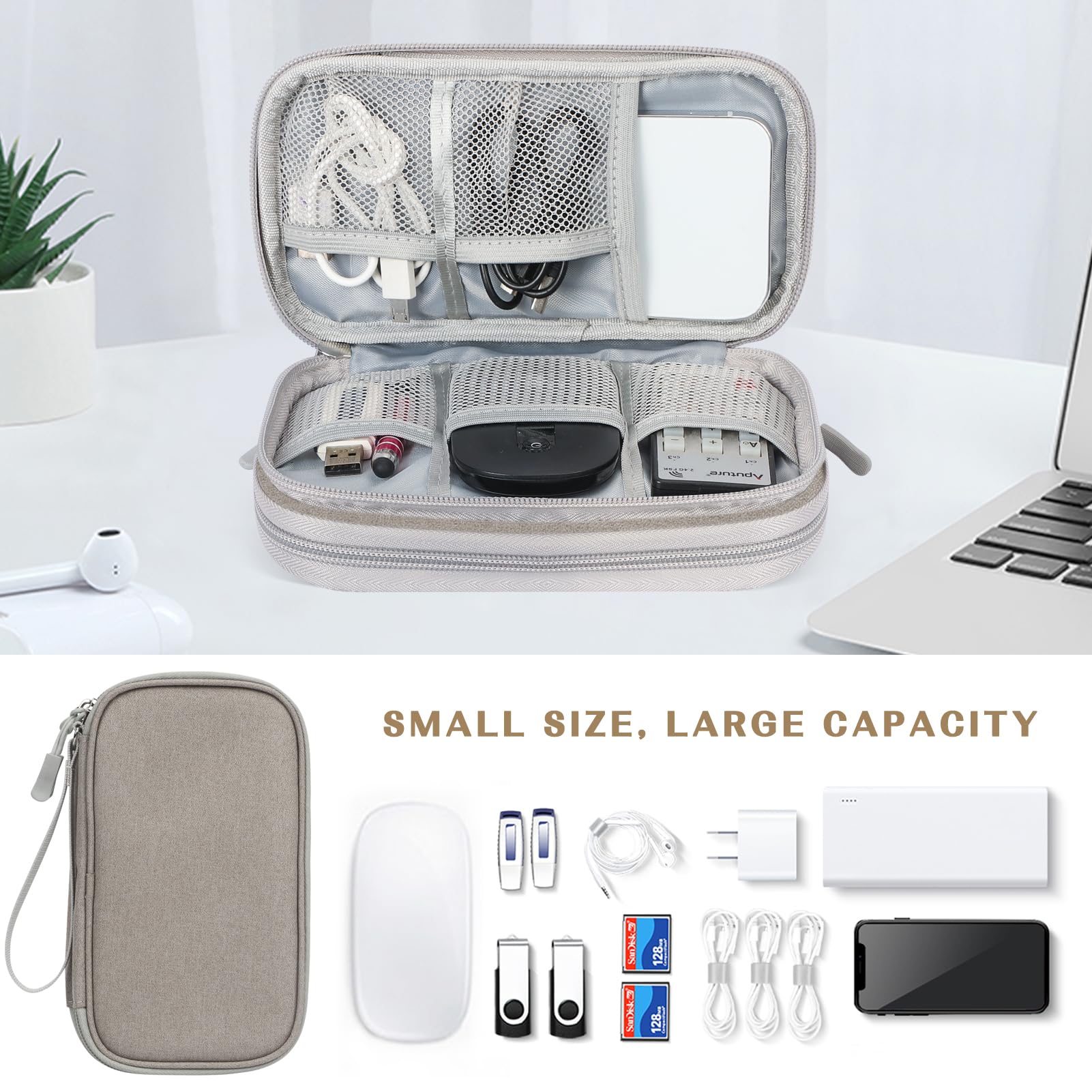 FYY Electronic Organizer Bag - Waterproof Travel Cable Organizer Pouch with Double Layers, Portable Storage Case for Charger, Phone, Earphone & Accessories (Medium Size, Khaki) - Perfect for Travel, Office & Daily Commute