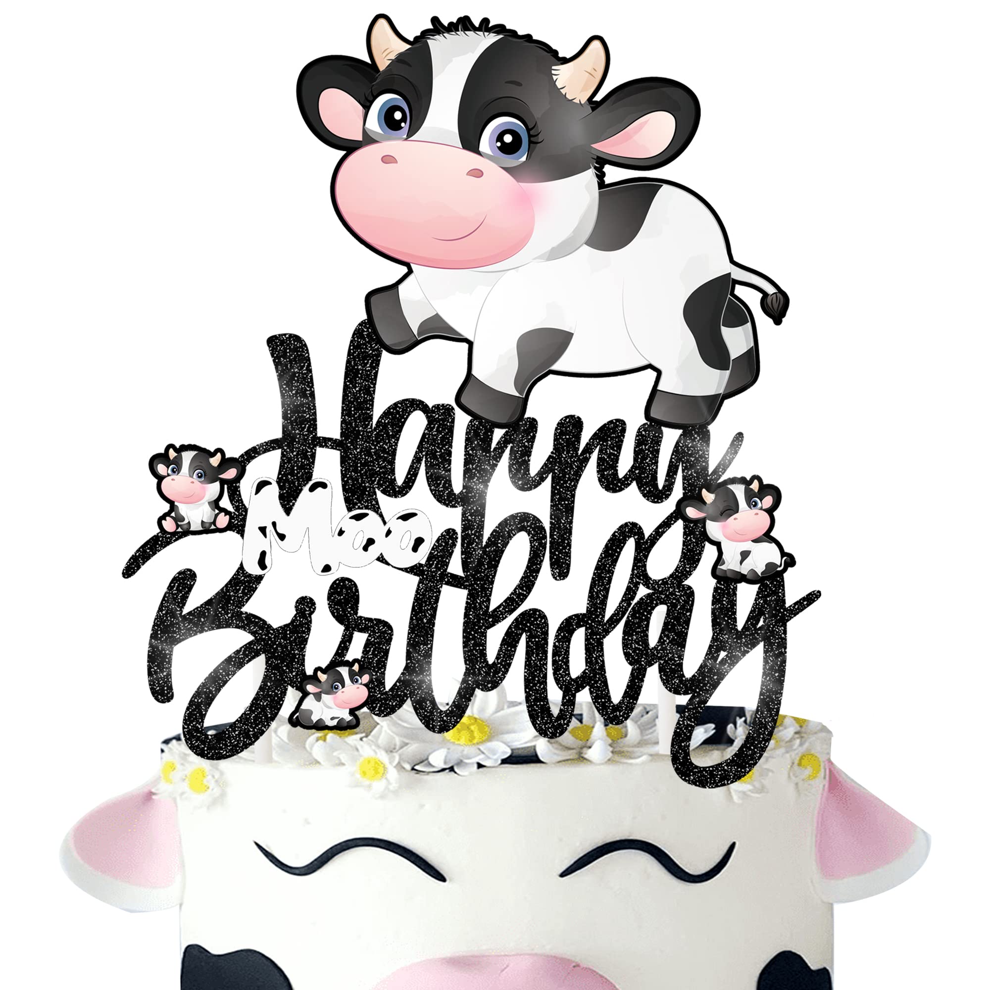 Happy Birthday Cow Cake Topper - Glitter Farm Animal Party Decorations for Kids Birthday, Baby Shower & Zoo Themed Events - Perfect for Farm-Themed Cakes, Cupcakes and Party Desserts