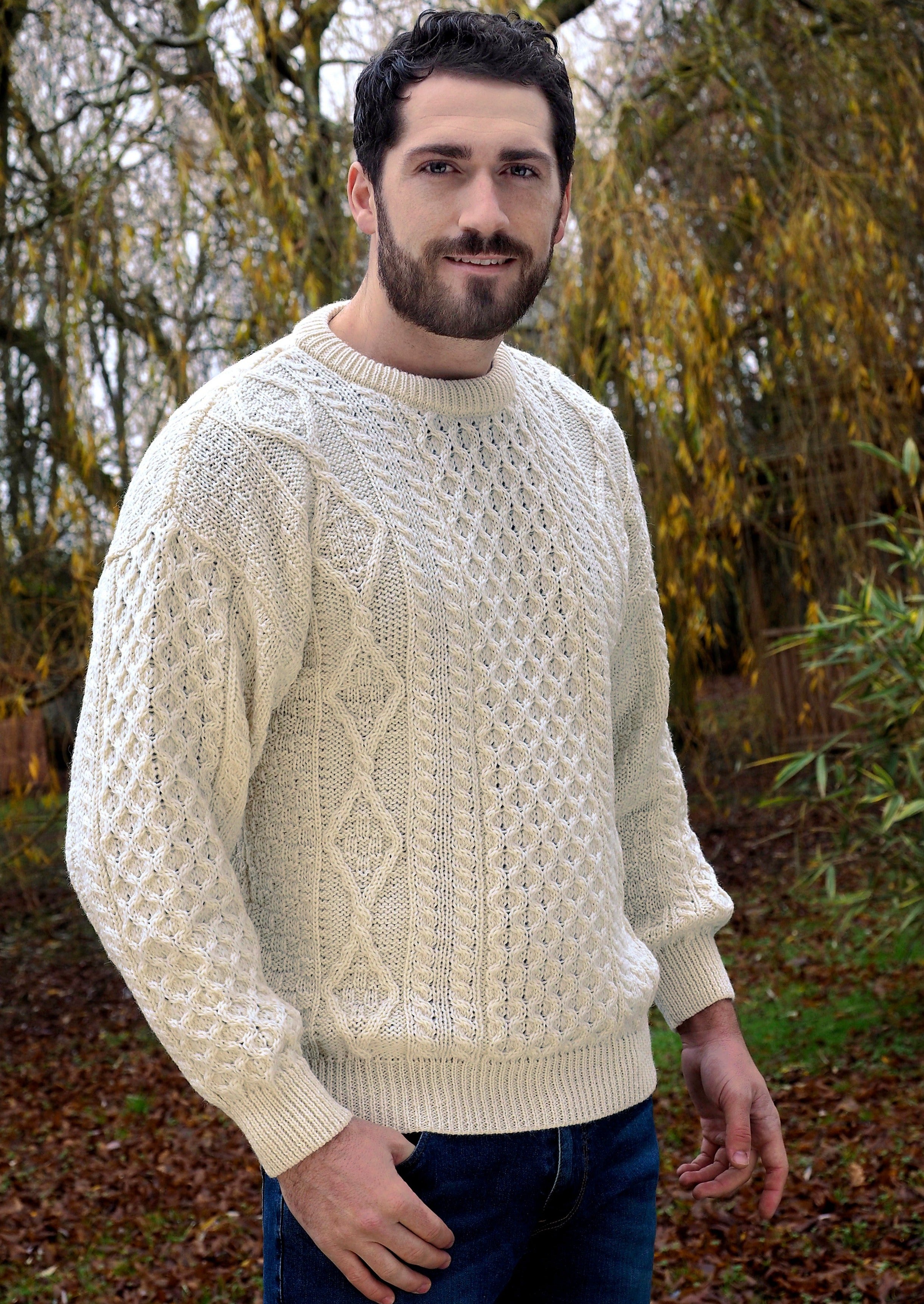 Authentic Inis Mor Aran Sweater - 100% Natural Wool Irish Knitwear for Men & Women | Cozy Winter Fashion, Casual Outfit & Holiday Gift Idea