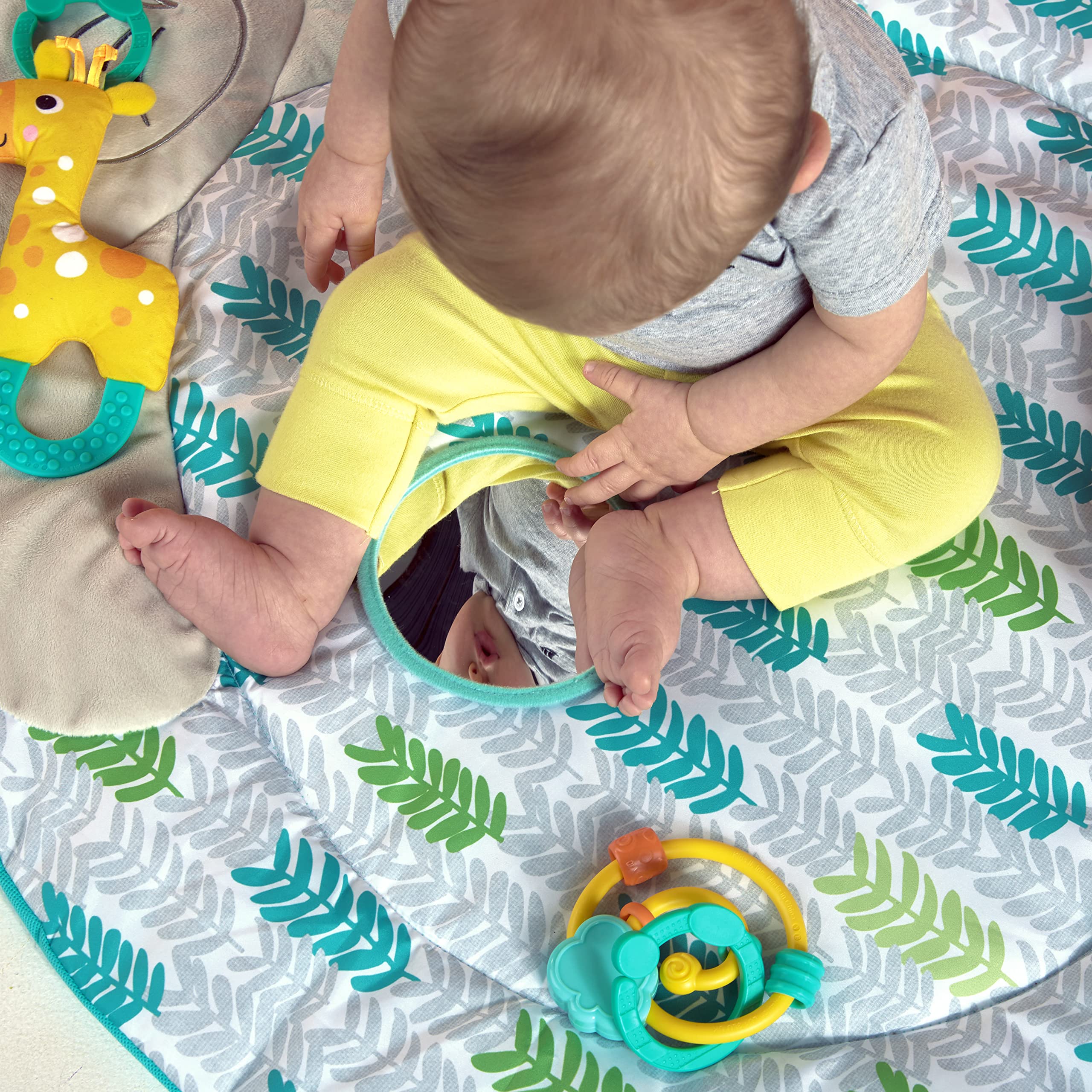 Bright Starts Hug 'n Cuddle Elephant Activity Baby Gym & Tummy Time Play Mat with 5 Take-Along Toys for Newborns 0-12 Months - Perfect for Infant Development, Sensory Play & Nursery Decor