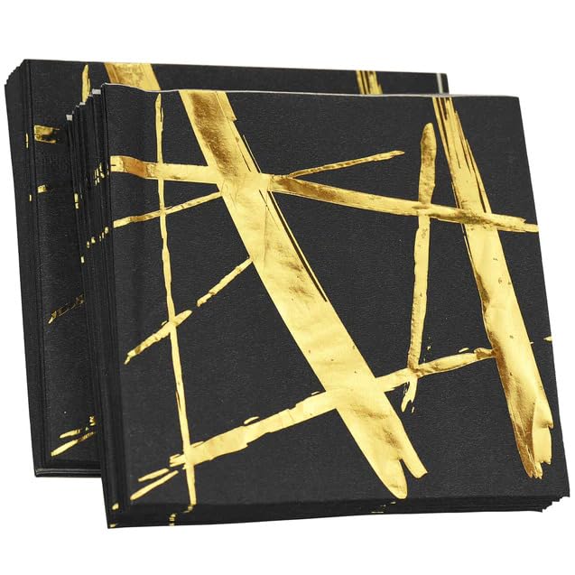 Premium Black & Gold Printed Paper Napkins - 2-Ply Disposable Party Napkins for Birthday, Wedding, Events (Pack of 16) - Elegant Table Setting & Celebration Decor