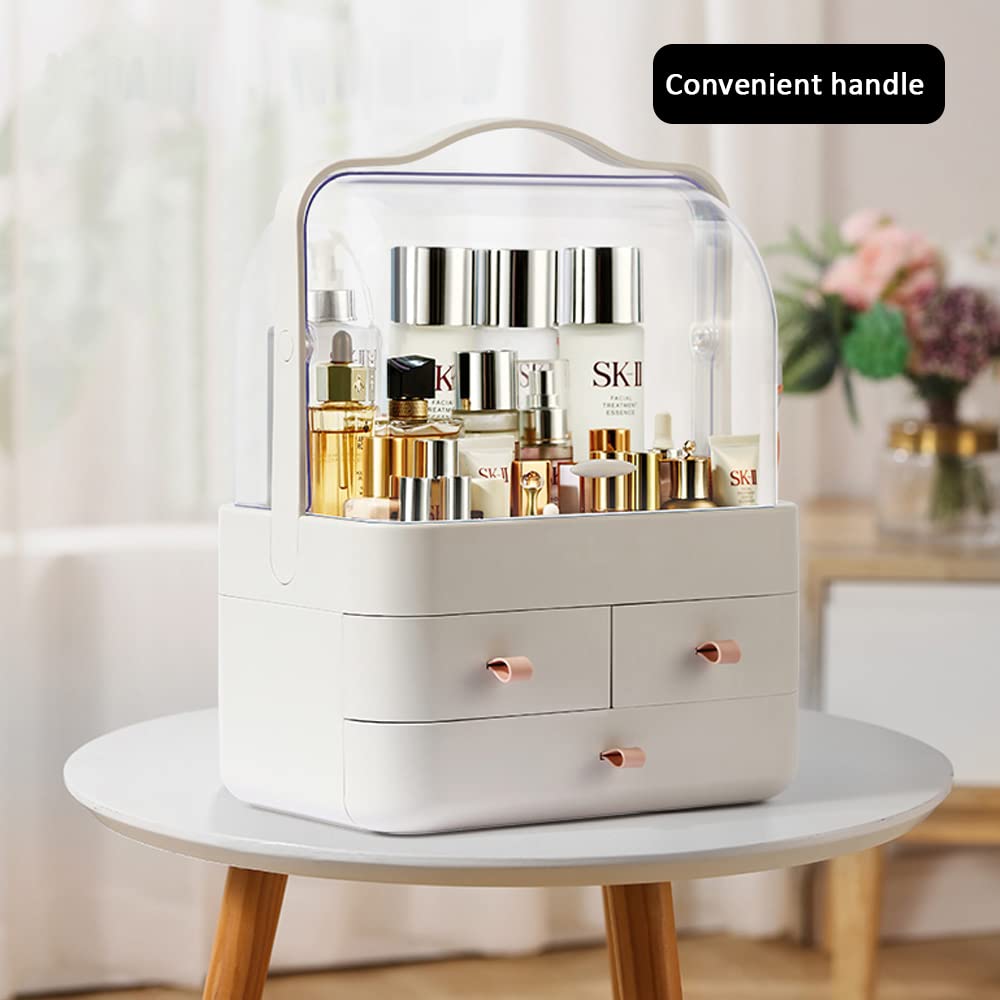 Makeup Organizer - Dustproof Cosmetic Storage Box with Portable Handle & Waterproof Lid for Bathroom, Bedroom, Vanity | Travel-Friendly Beauty Case for Makeup Brushes, Lipsticks & Skincare Products (White)