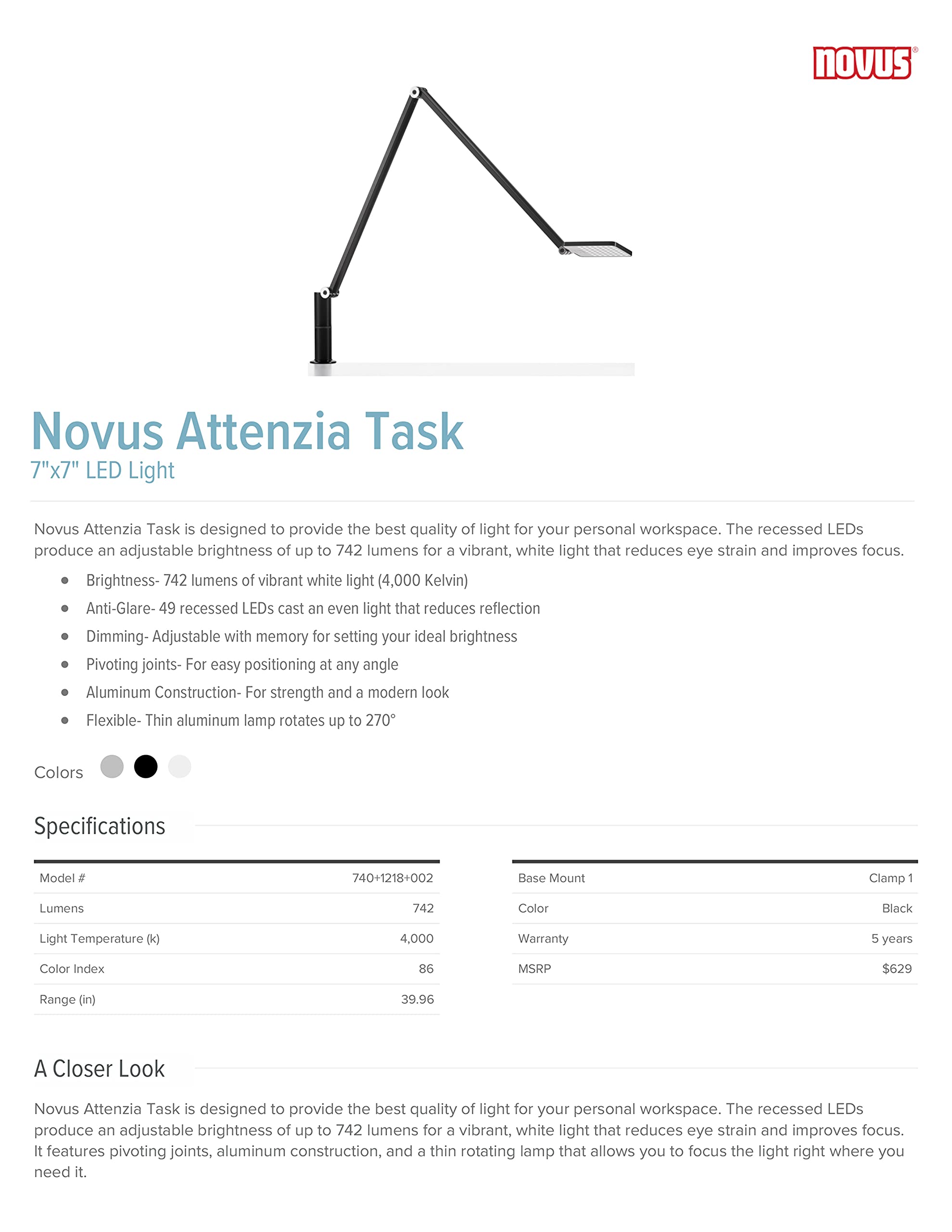 Novus Attenzia Task LED Desk Lamp - 742 Lumens 4000K Eye-Care Light with One-Touch Memory Dimming, Anti-Glare & Adjustable Pivoting Arms, Black Clamp Mount - Perfect for Office, Study, Reading & Crafting Workspaces