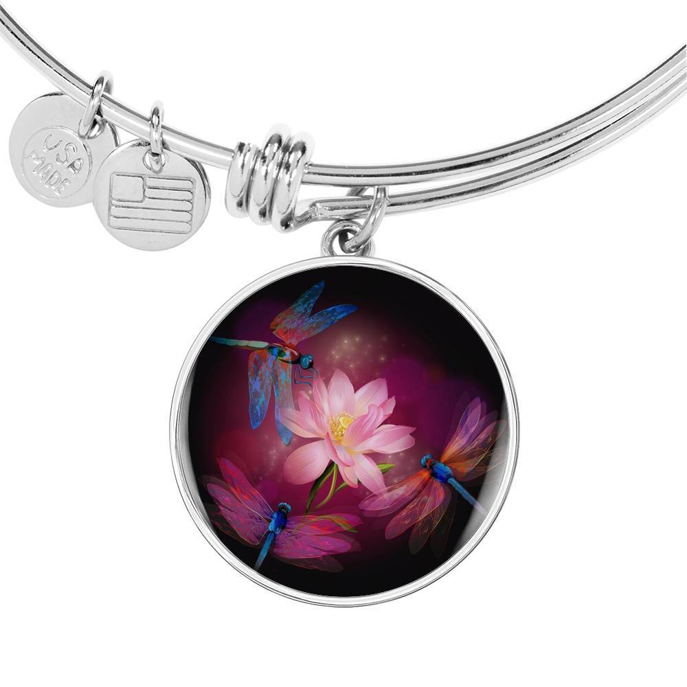 Dragonflies and Lotus Bangle Bracelet - Elegant Adjustable Handmade Jewelry for Women - Perfect for Weddings, Parties & Boho Fashion