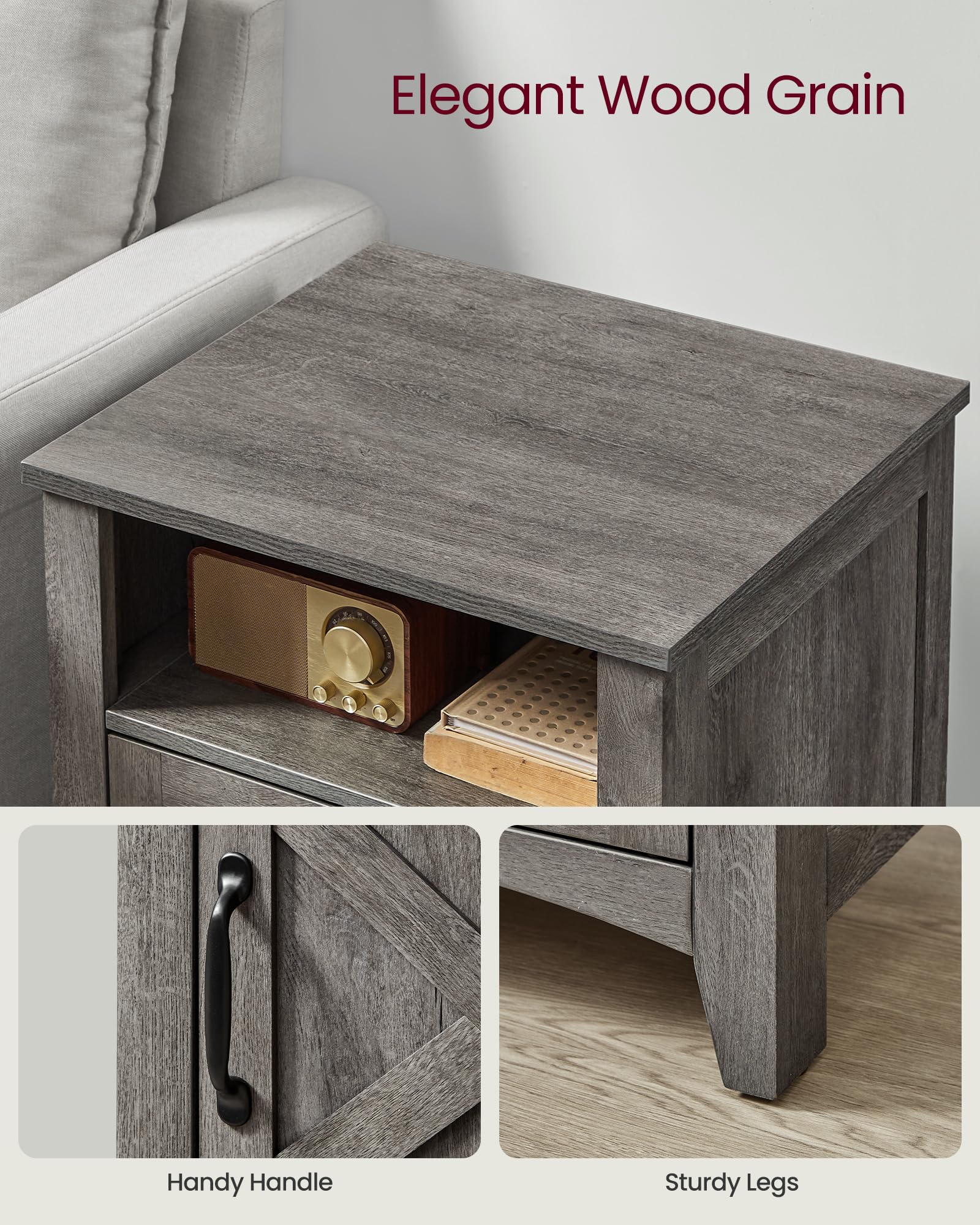 VASAGLE Farmhouse Nightstand with Barn Door - Set of 2, Rustic Bedside Table with Storage Shelf & Open Compartment, End Table for Bedroom, Living Room or Office - Misty Gray ULET809G68 | Perfect for Small Spaces & Home Decor