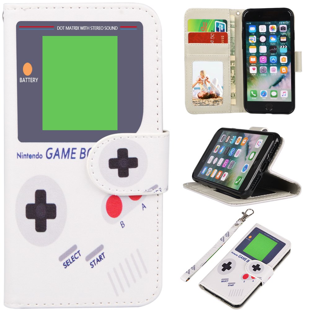 Premium PU Leather Wallet Case for iPhone SE 2022/2020 & iPhone 7/8 - Flip Cover with Card Slots & Kickstand - Durable Protection for Daily Use, Travel & Gaming (Game Boy Edition)