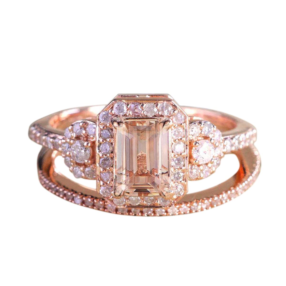 1.50 Carat Morganite & Diamond Halo Bridal Wedding Ring Set in 18K Gold Plating – Elegant Designer Style for Engagement & Anniversary Gifts