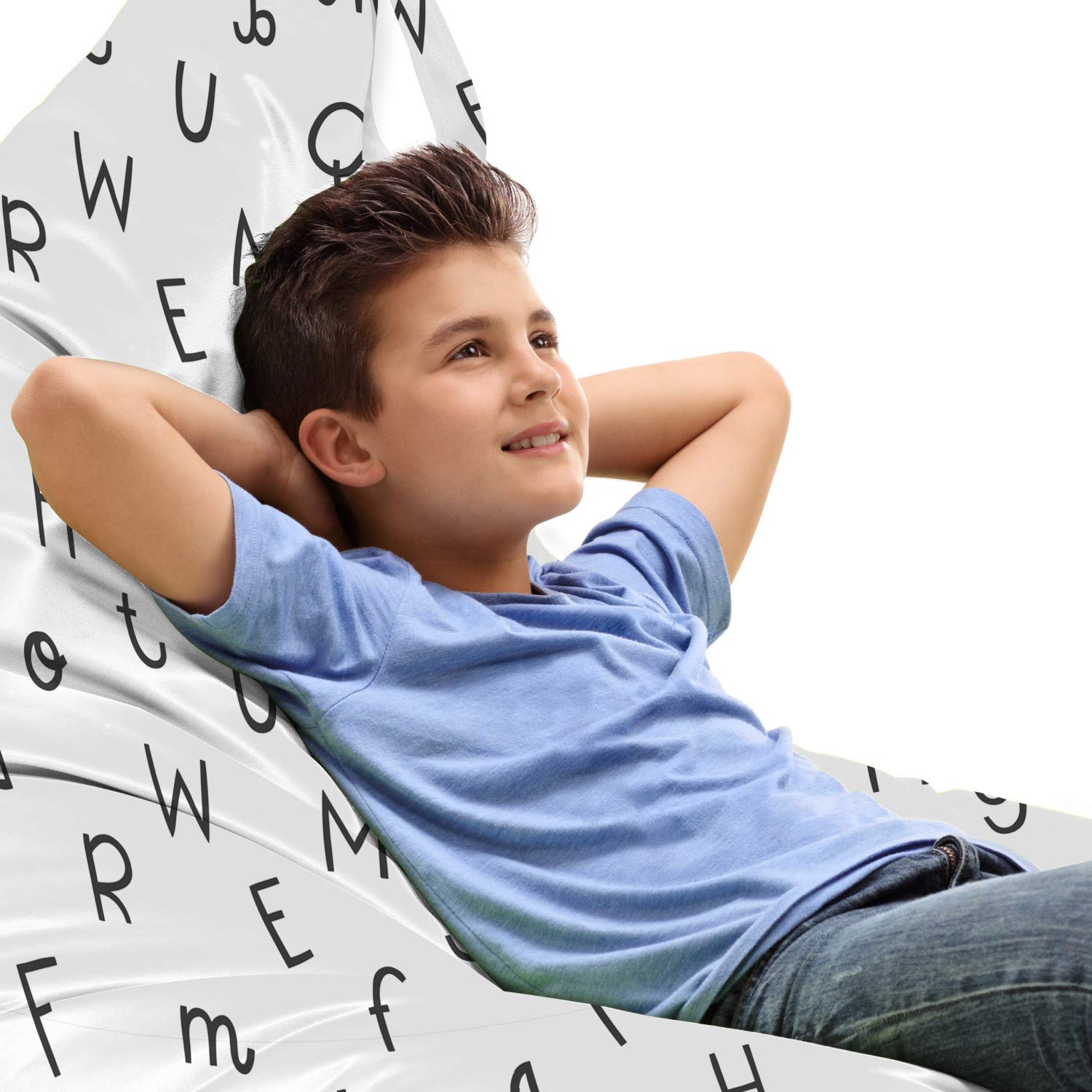 Ambesonne Alphabet Lounger Chair Bag - Large Capacity Storage Organizer with Handle, Dark Grey & White Minimalist Letter Pattern - Perfect for Camping, Beach, Picnics & Home Storage