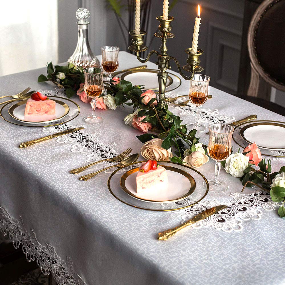 ARTABLE Rectangular Lace Fabric Tablecloth with Macrame Border - Elegant Embroidered Kitchen Table Cover for Holiday & Dinner Parties (52